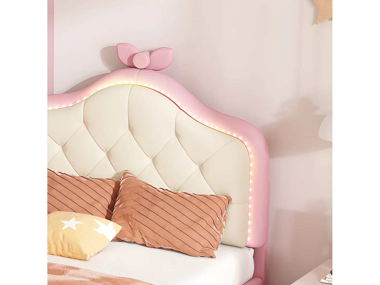 Gepolstertes Kinderbett mit farbiger LED und Schleife am Kopfteil – aus Kunstleder – 90 x 200 cm – mit Lattenrost – Rosa