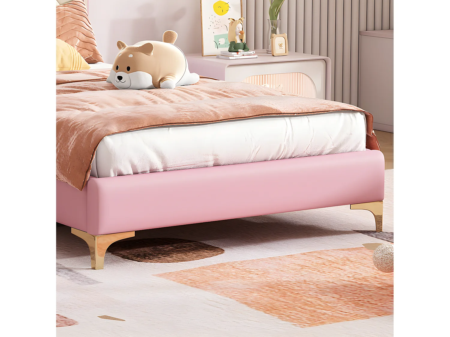 Gepolstertes Kinderbett mit farbiger LED und Schleife am Kopfteil – aus Kunstleder – 90 x 200 cm – mit Lattenrost – Rosa