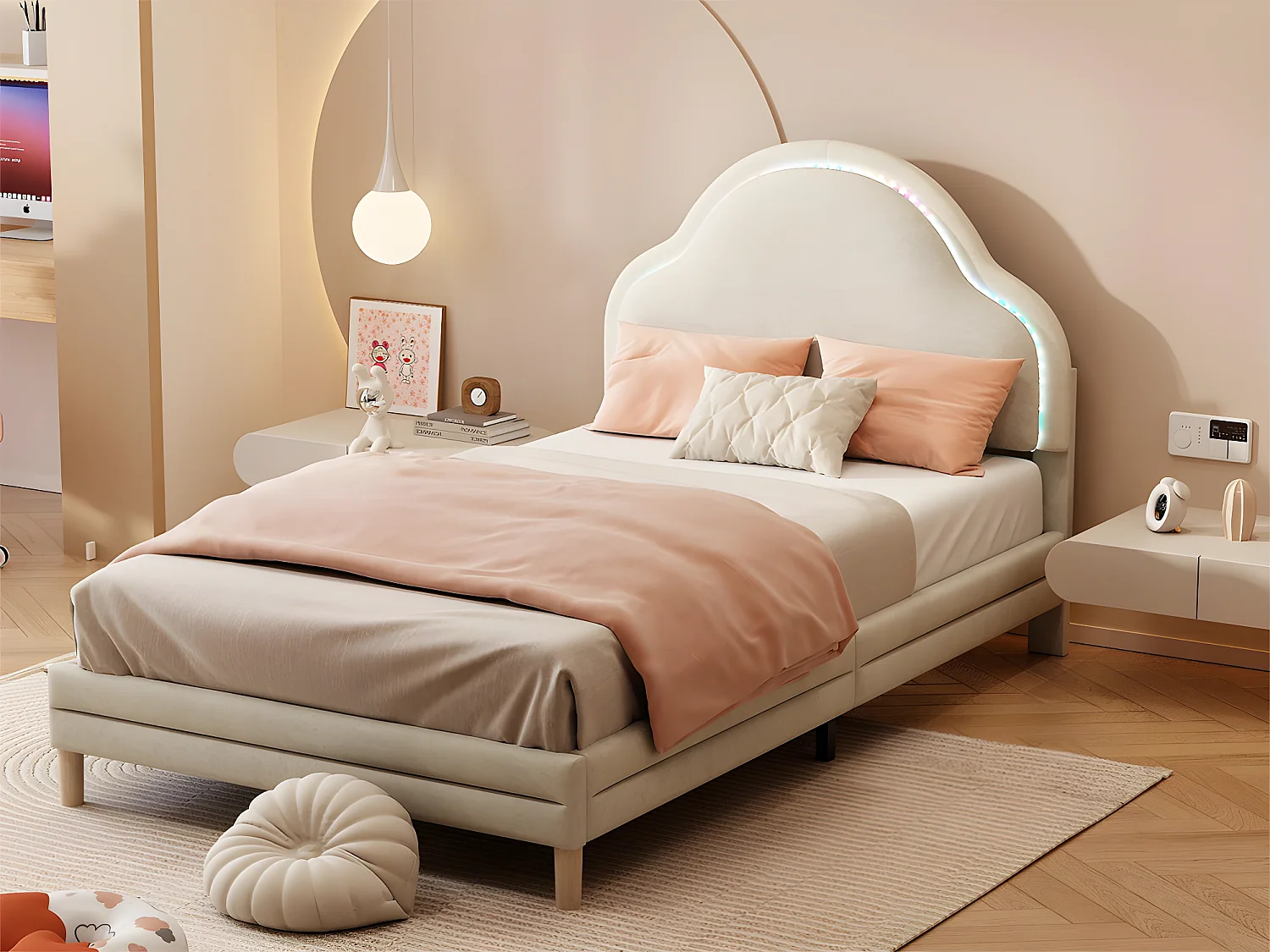 Kinderbett mit Samtbezug und LED in verschiedenen Farben – wolkenförmiges Kopfteil – Lattenrost aus Holz – 90 x 200 cm – Beige