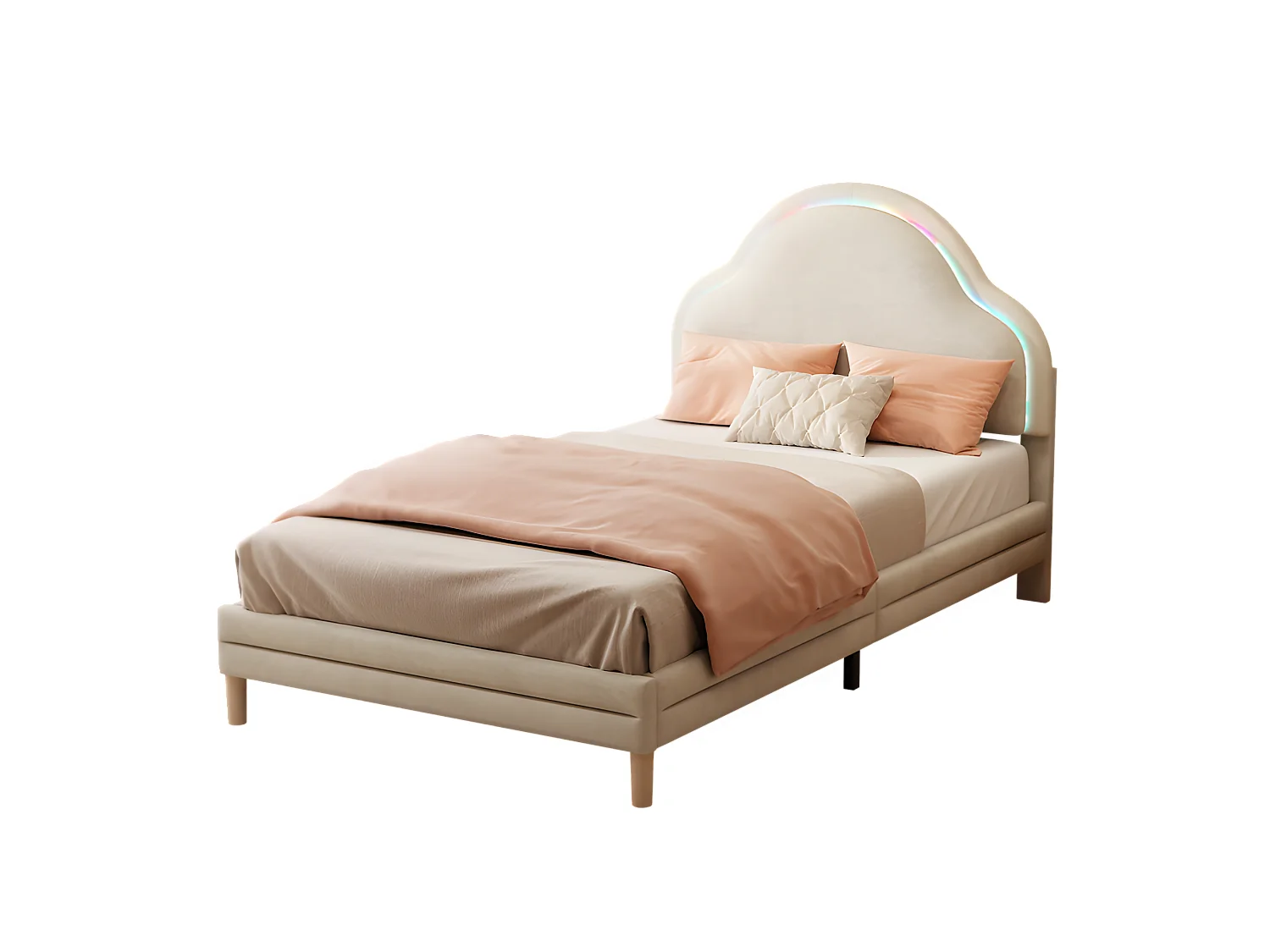 Kinderbett mit Samtbezug und LED in verschiedenen Farben – wolkenförmiges Kopfteil – Lattenrost aus Holz – 90 x 200 cm – Beige