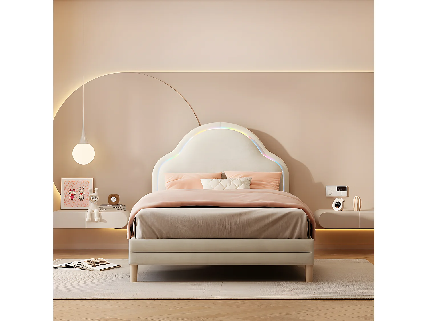 Kinderbett mit Samtbezug und LED in verschiedenen Farben – wolkenförmiges Kopfteil – Lattenrost aus Holz – 90 x 200 cm – Beige