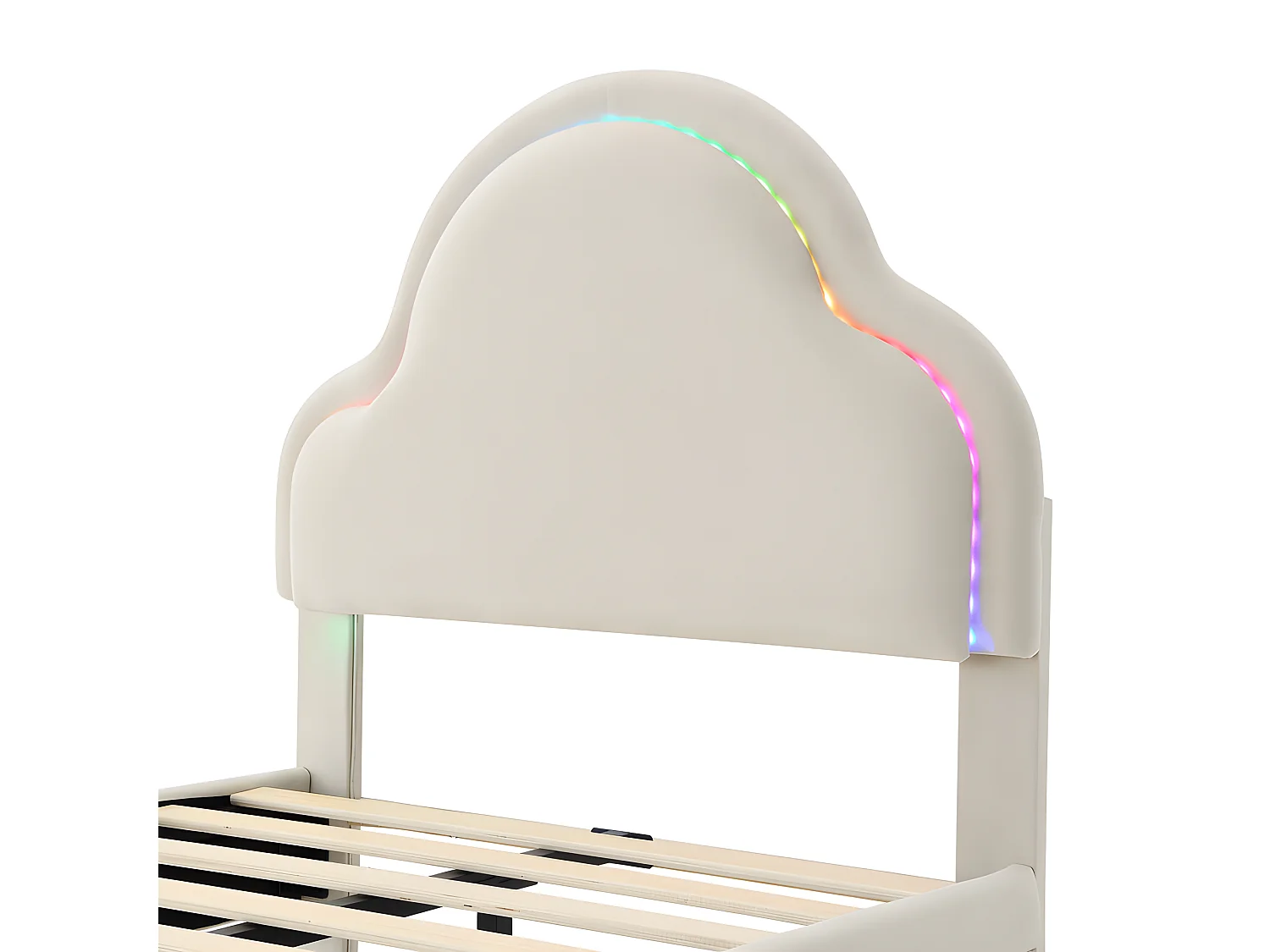 Kinderbett mit Samtbezug und LED in verschiedenen Farben – wolkenförmiges Kopfteil – Lattenrost aus Holz – 90 x 200 cm – Beige