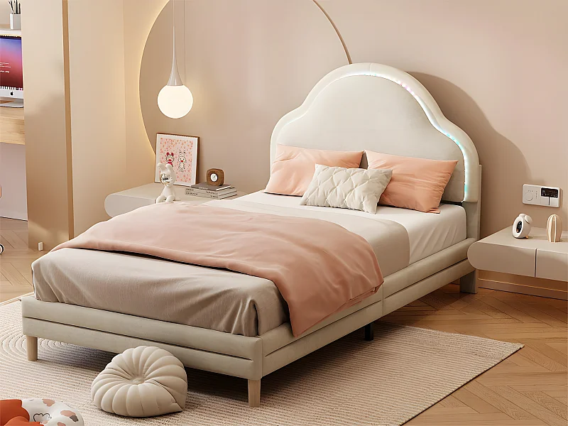 Cama infantil tapizada en terciopelo con LED en varios colores - cabecero en forma de nube - somier de láminas de madera - 90x200cm - Beige