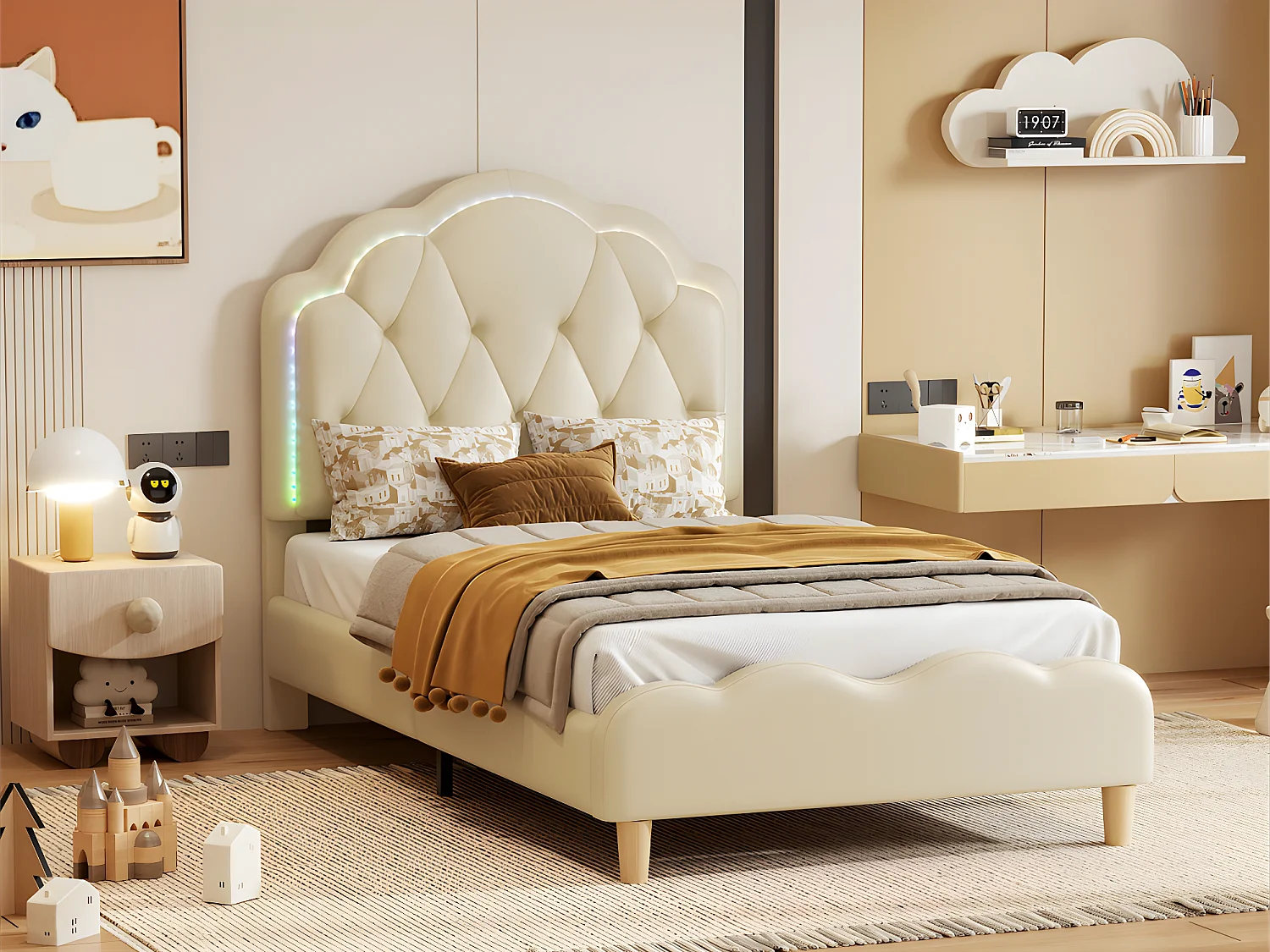 Letto per bambini imbottito in similpelle con LED in vari colori - rete a doghe di legno - 90x200 cm - Bianco