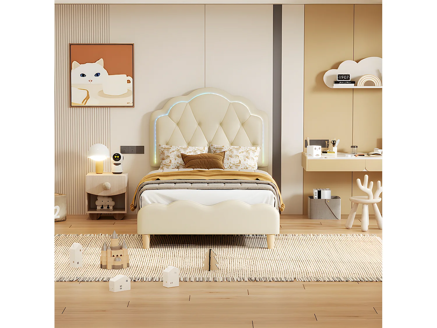 Letto per bambini imbottito in similpelle con LED in vari colori - rete a doghe di legno - 90x200 cm - Bianco