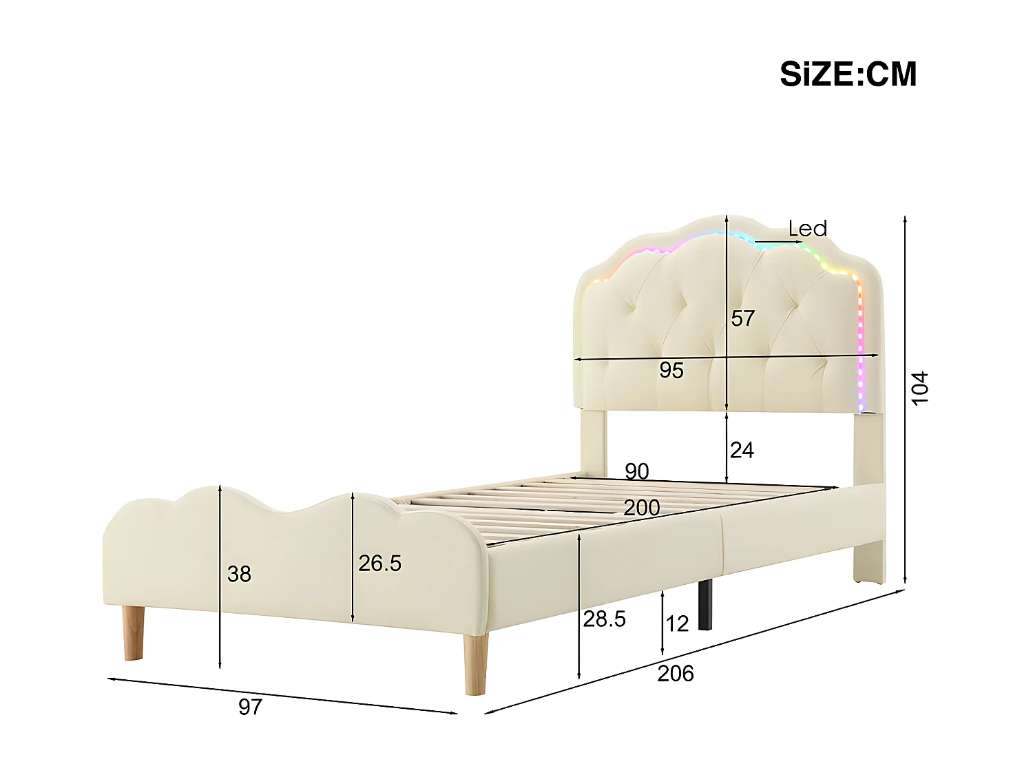Letto per bambini imbottito in similpelle con LED in vari colori - rete a doghe di legno - 90x200 cm - Bianco