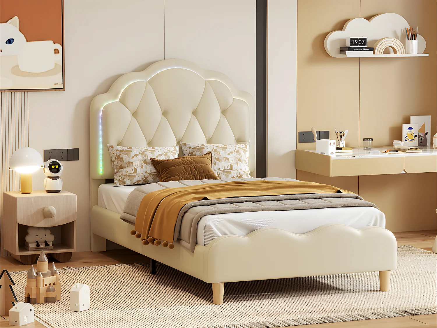 Gepolstertes Kinderbett aus Kunstleder mit LED in verschiedenen Farben – Lattenrost aus Holz – 90 x 200 cm – Weiß