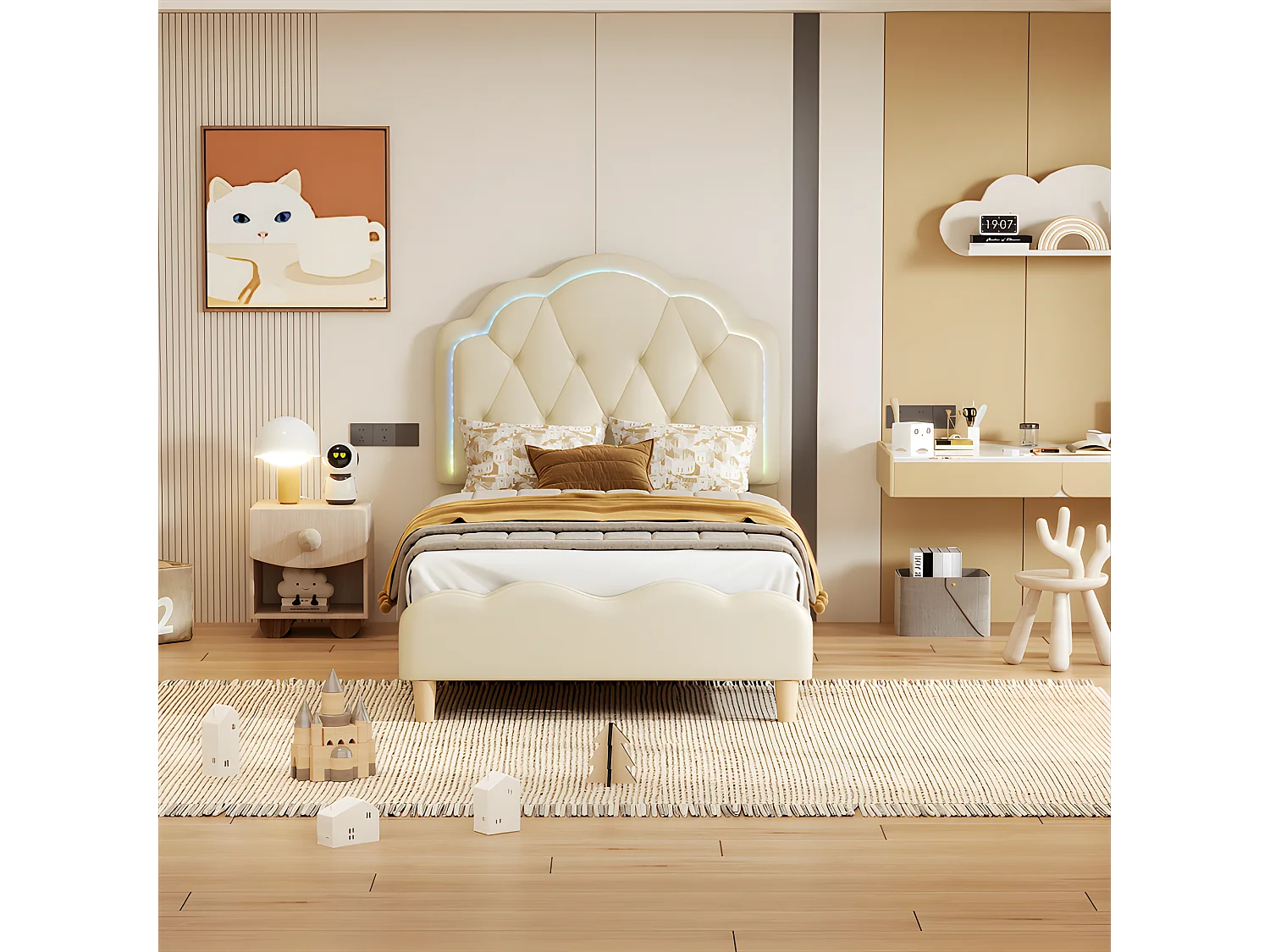 Gepolstertes Kinderbett aus Kunstleder mit LED in verschiedenen Farben – Lattenrost aus Holz – 90 x 200 cm – Weiß
