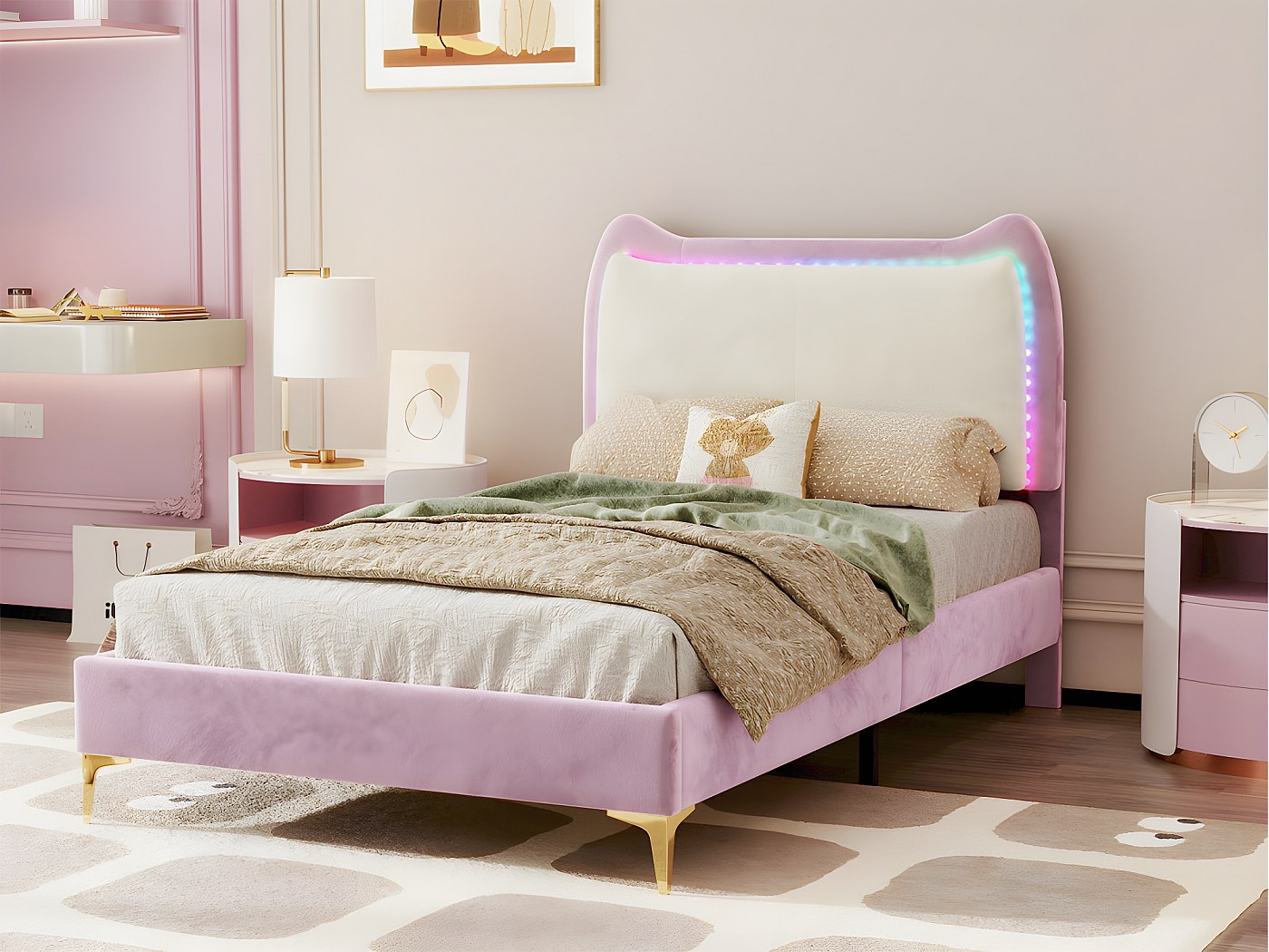 Lit D'enfant Rembourré 90x200 Cm Avec Coffre De Rangement | Tête De Lit Velours Beige | Sommier à Lattes Inclus | Capacité 150 Kg - 5