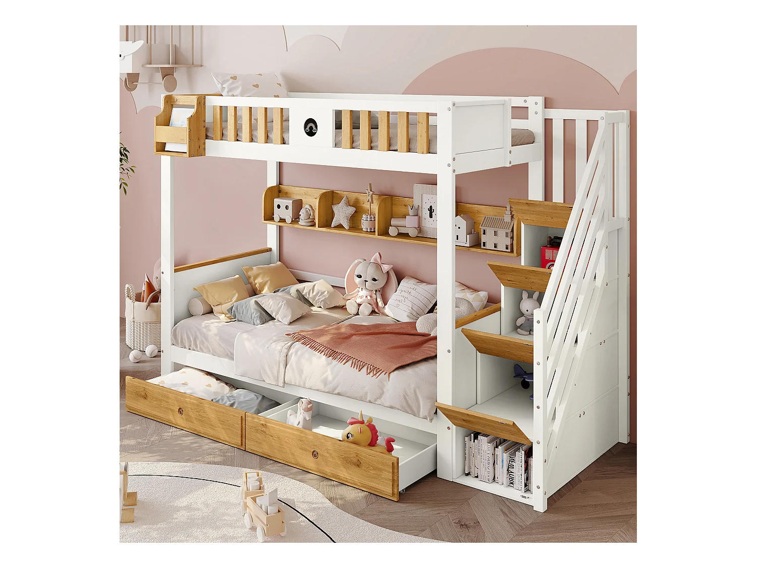 Etagenbett mit Stauraumtreppe – 90 x 200 cm – 4 Schließfächer auf der Treppe und 2 Schubladen unter dem Bett – mit Lattenrost – Weiß