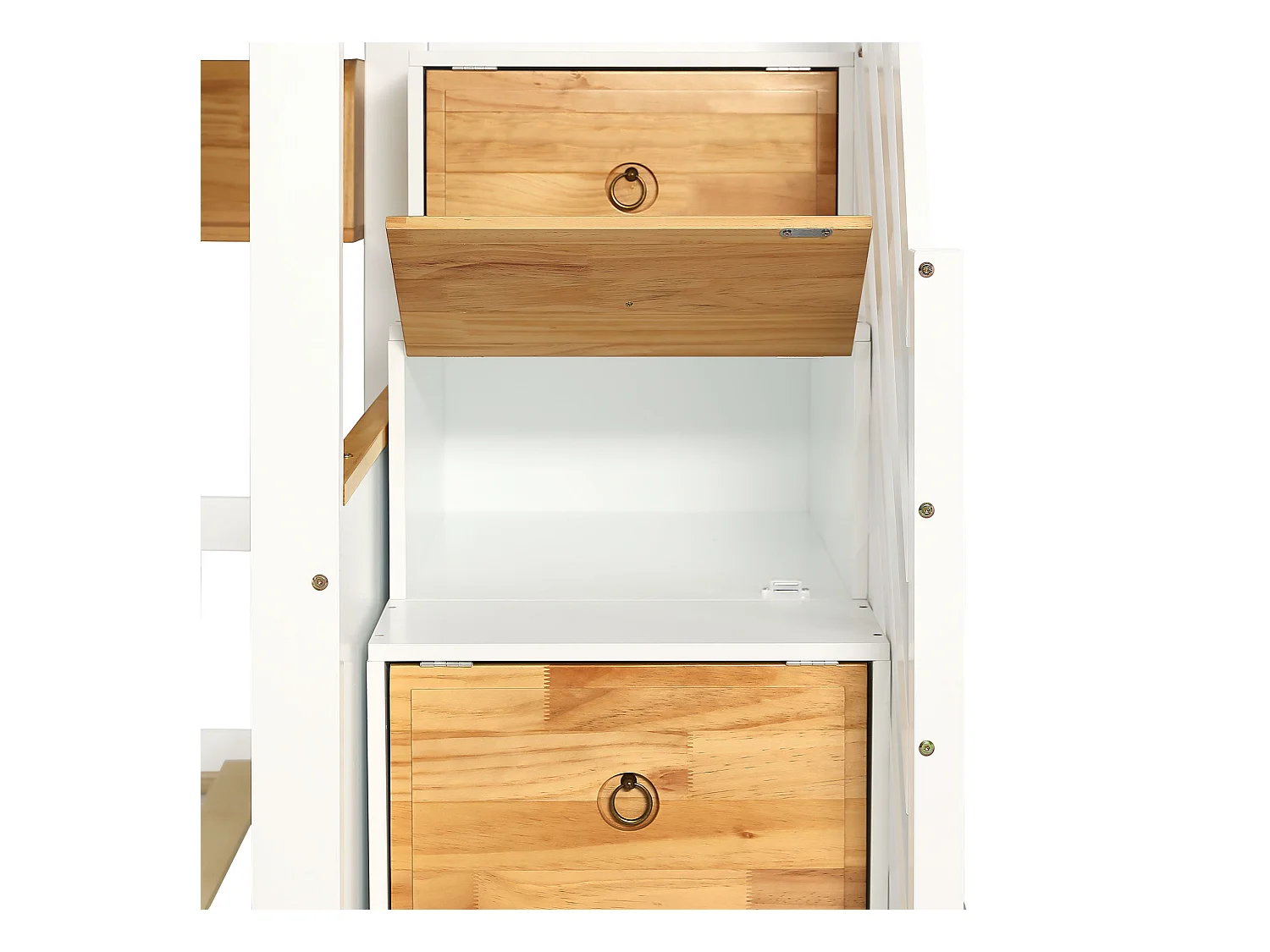 Etagenbett mit Stauraumtreppe – 90 x 200 cm – 4 Schließfächer auf der Treppe und 2 Schubladen unter dem Bett – mit Lattenrost – Weiß