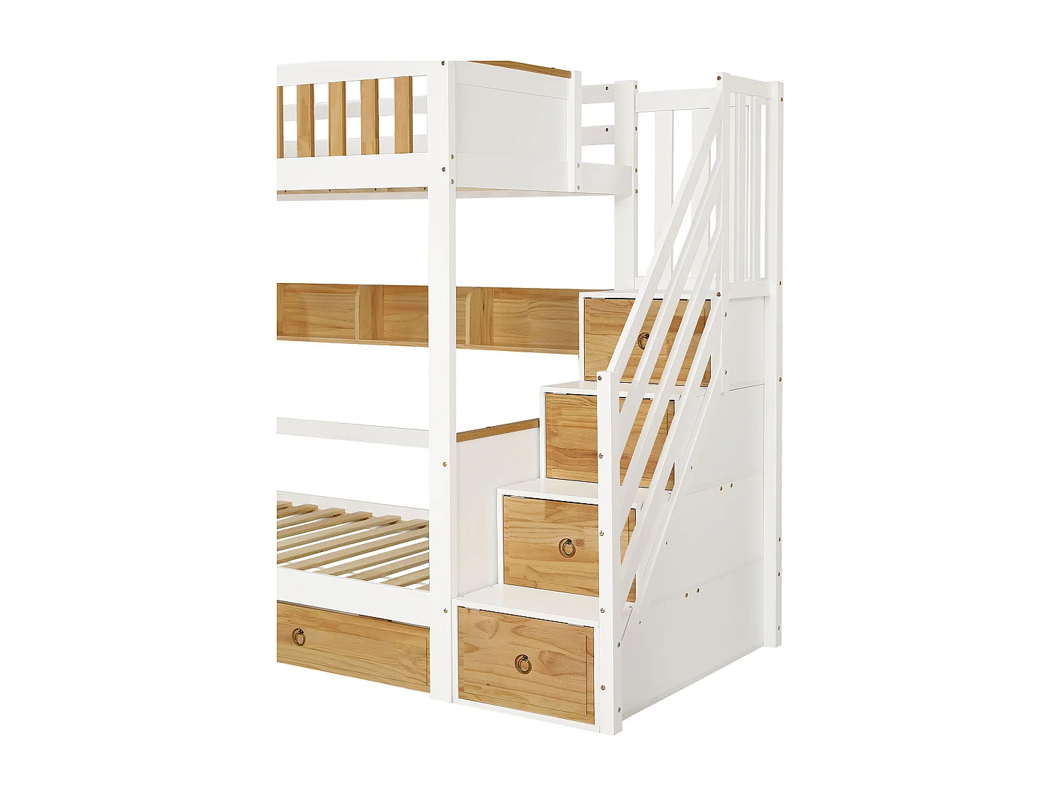 Etagenbett mit Stauraumtreppe – 90 x 200 cm – 4 Schließfächer auf der Treppe und 2 Schubladen unter dem Bett – mit Lattenrost – Weiß