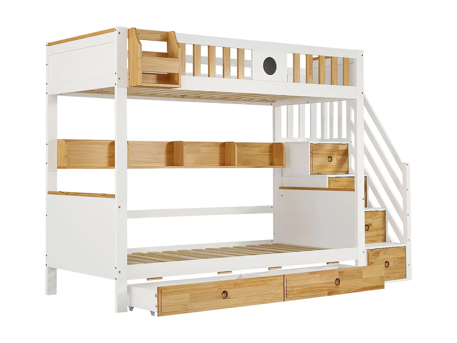 Etagenbett mit Stauraumtreppe – 90 x 200 cm – 4 Schließfächer auf der Treppe und 2 Schubladen unter dem Bett – mit Lattenrost – Weiß