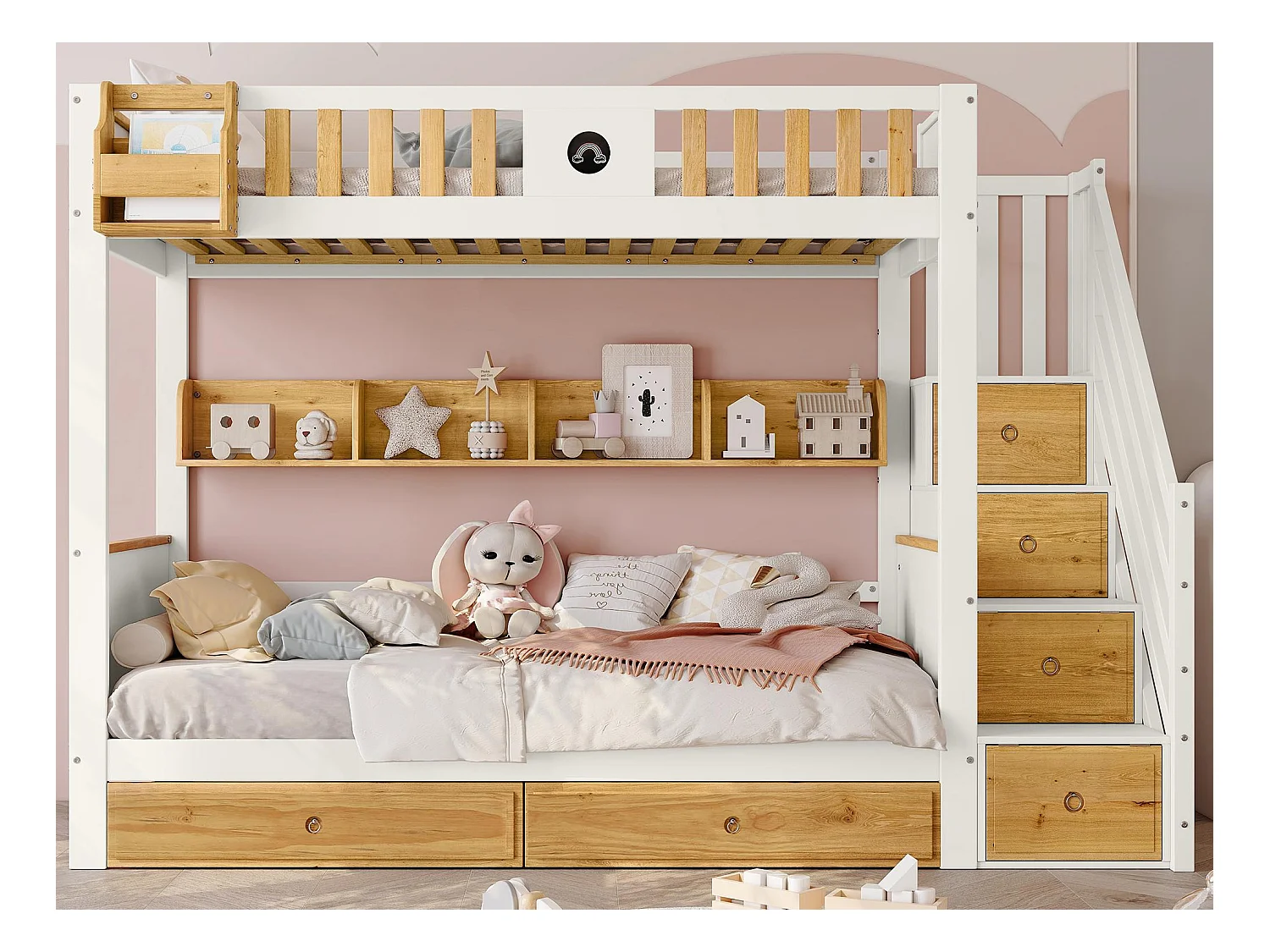 Lit superposé avec escalier de rangement - 90x200cm - 4 casiers dans l'escalier et 2 tiroirs sous le lit - avec sommier à lattes - Blanc