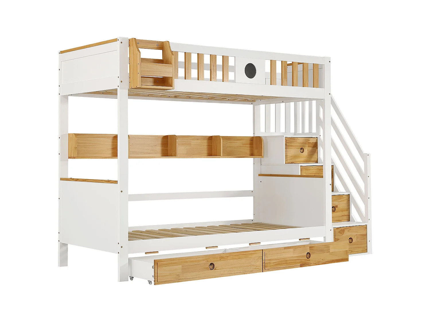 Lit superposé avec escalier de rangement - 90x200cm - 4 casiers dans l'escalier et 2 tiroirs sous le lit - avec sommier à lattes - Blanc