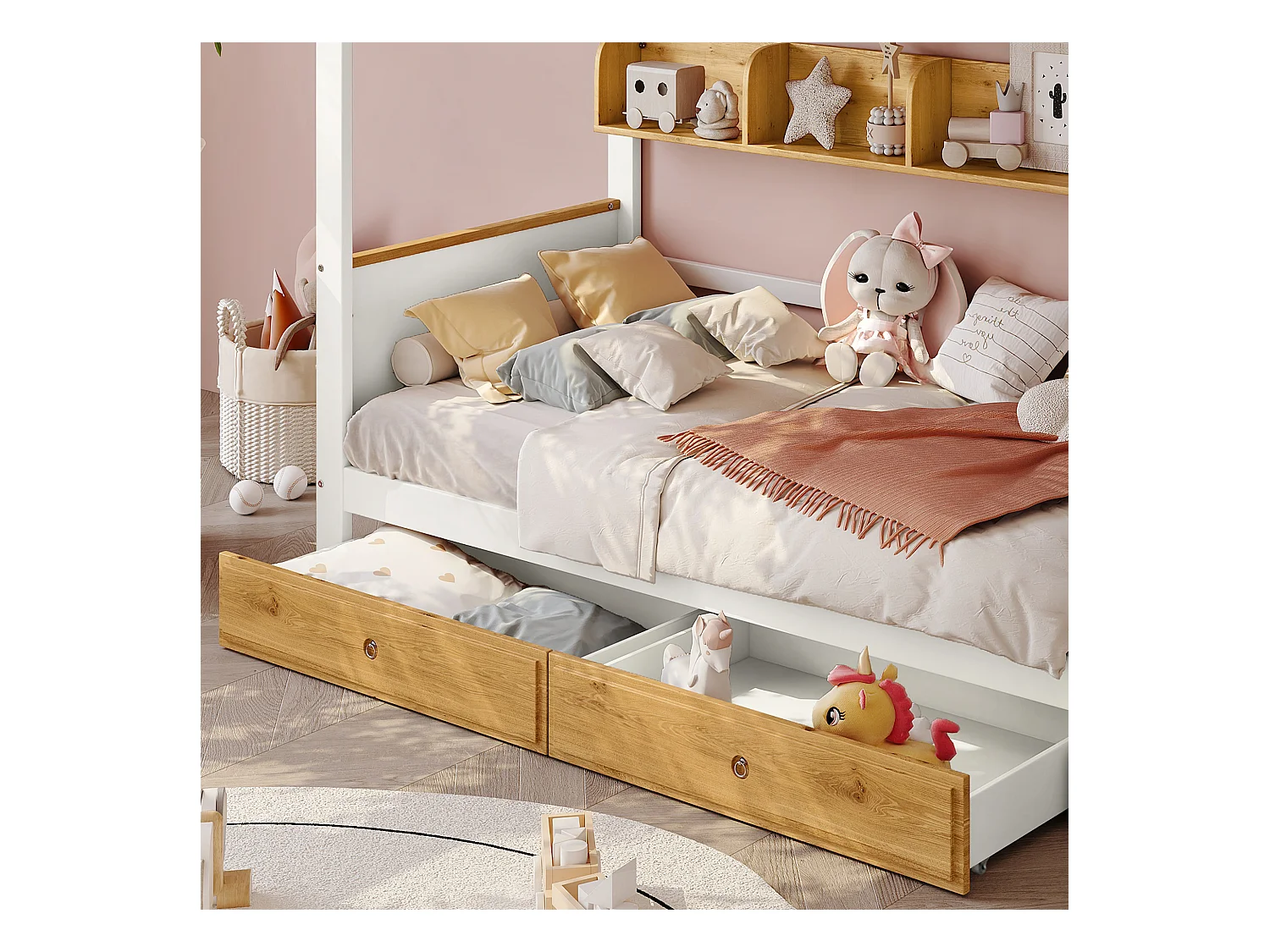 Lit superposé avec escalier de rangement - 90x200cm - 4 casiers dans l'escalier et 2 tiroirs sous le lit - avec sommier à lattes - Blanc