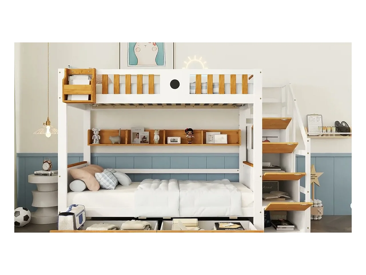 Litera con escalera de almacenamiento - 90x200 cm - 4 taquillas en la escalera y 2 cajones debajo de la cama - con somier - Blanco