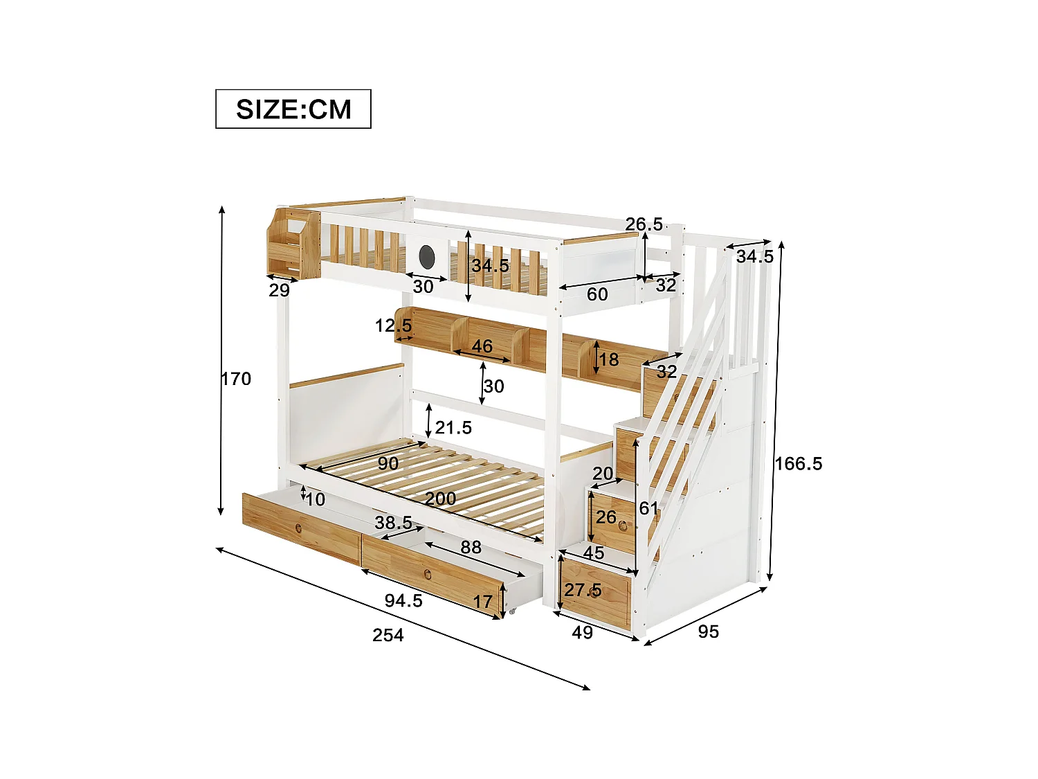 Lit superposé avec escalier de rangement - 90x200cm - 4 casiers dans l'escalier et 2 tiroirs sous le lit - avec sommier à lattes - Blanc