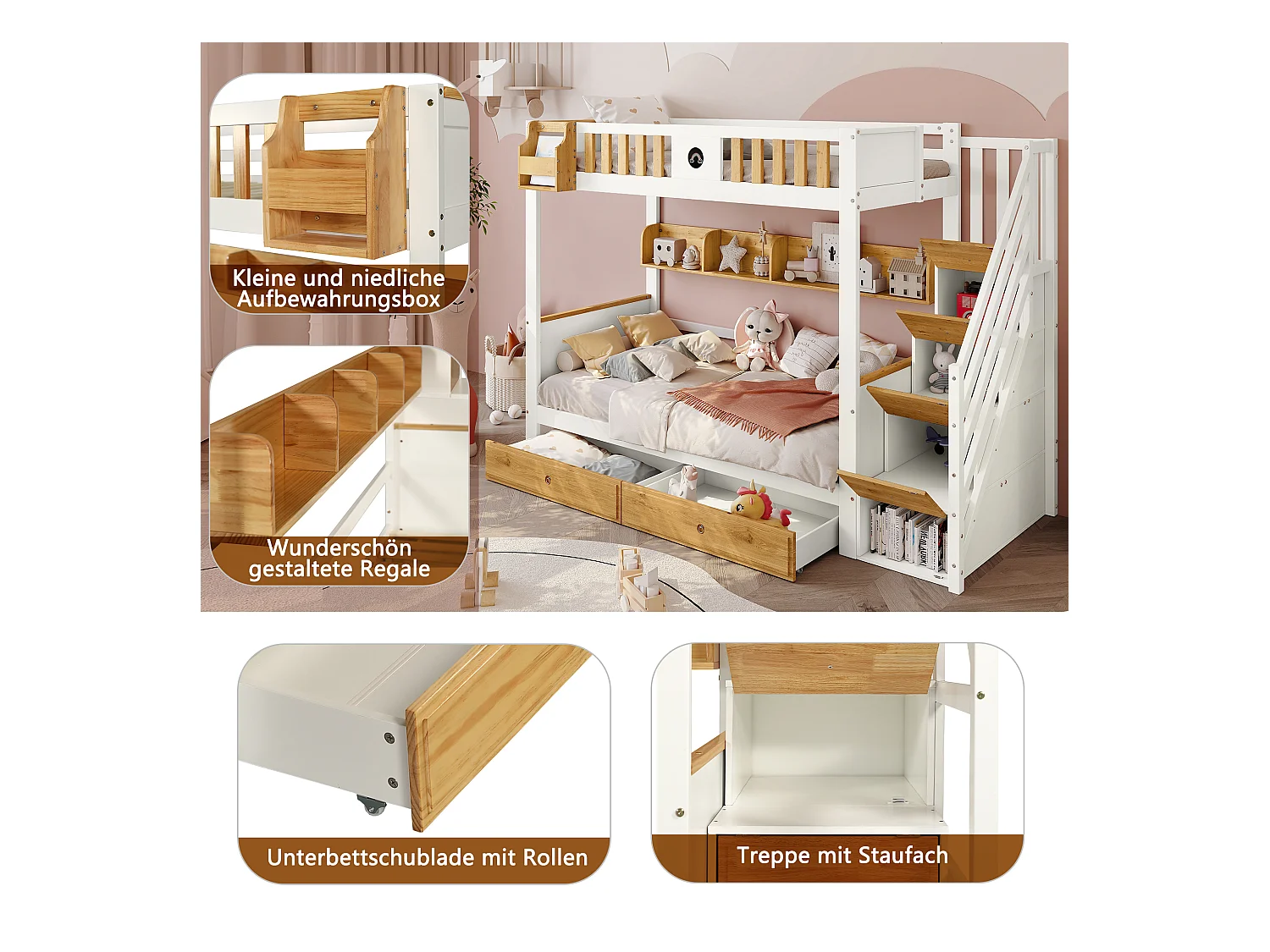 Lit superposé avec escalier de rangement - 90x200cm - 4 casiers dans l'escalier et 2 tiroirs sous le lit - avec sommier à lattes - Blanc