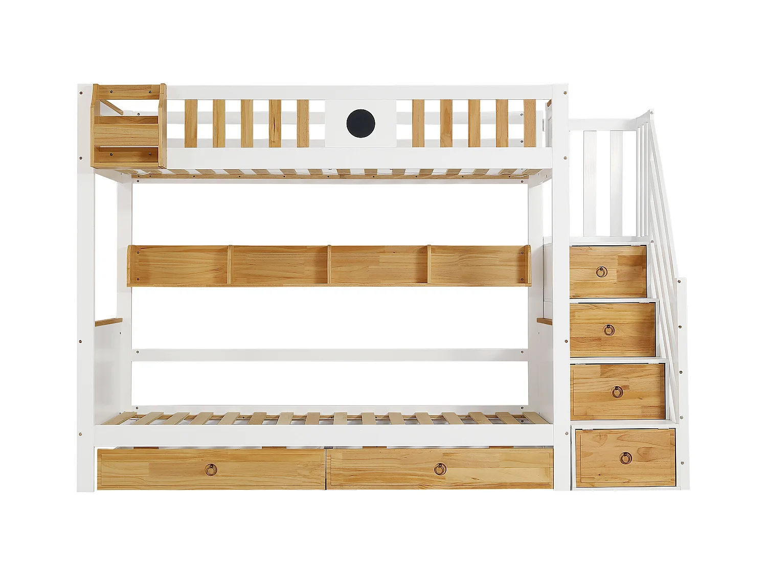 Lit superposé avec escalier de rangement - 90x200cm - 4 casiers dans l'escalier et 2 tiroirs sous le lit - avec sommier à lattes - Blanc