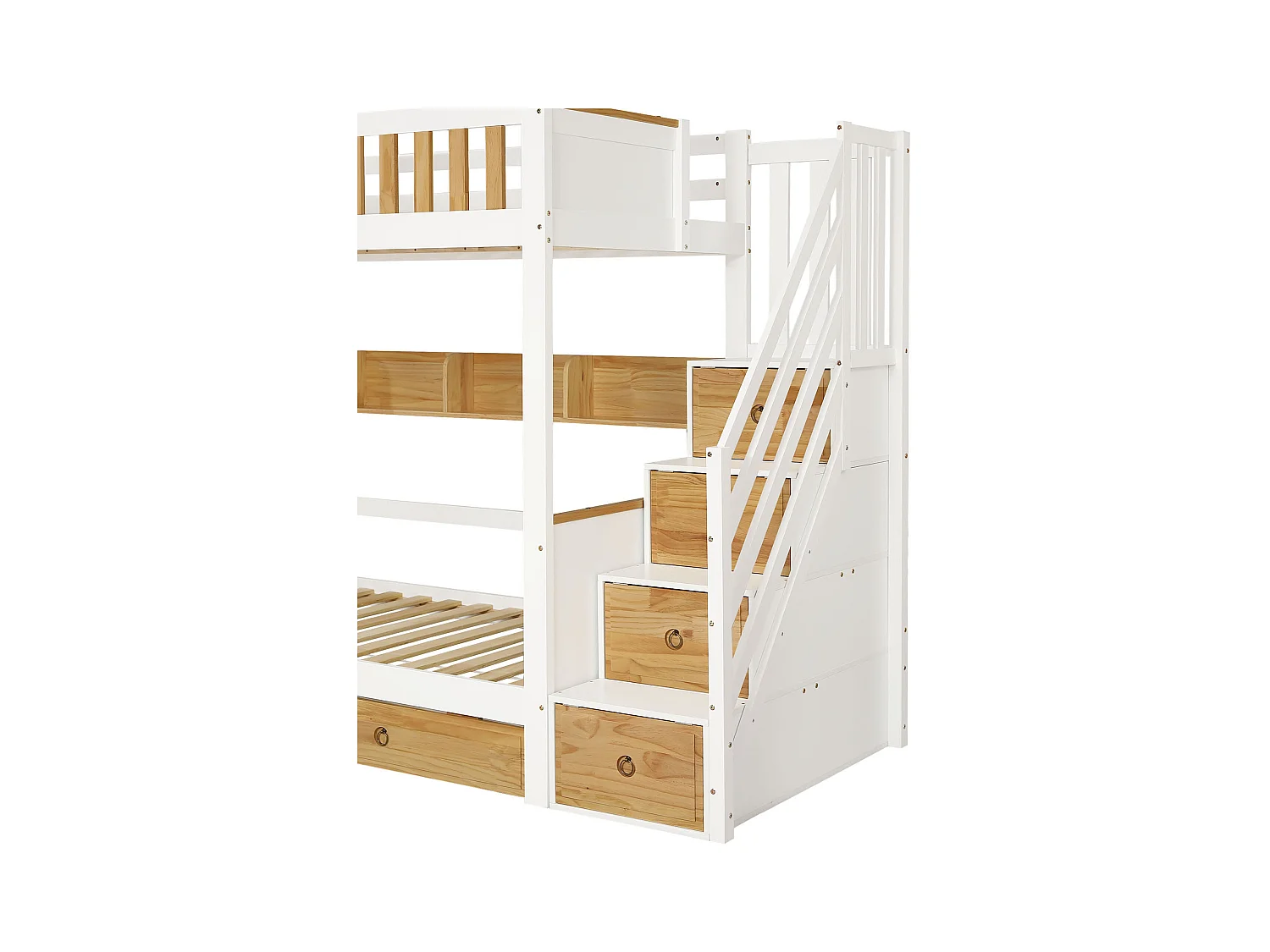 Lit superposé avec escalier de rangement - 90x200cm - 4 casiers dans l'escalier et 2 tiroirs sous le lit - avec sommier à lattes - Blanc