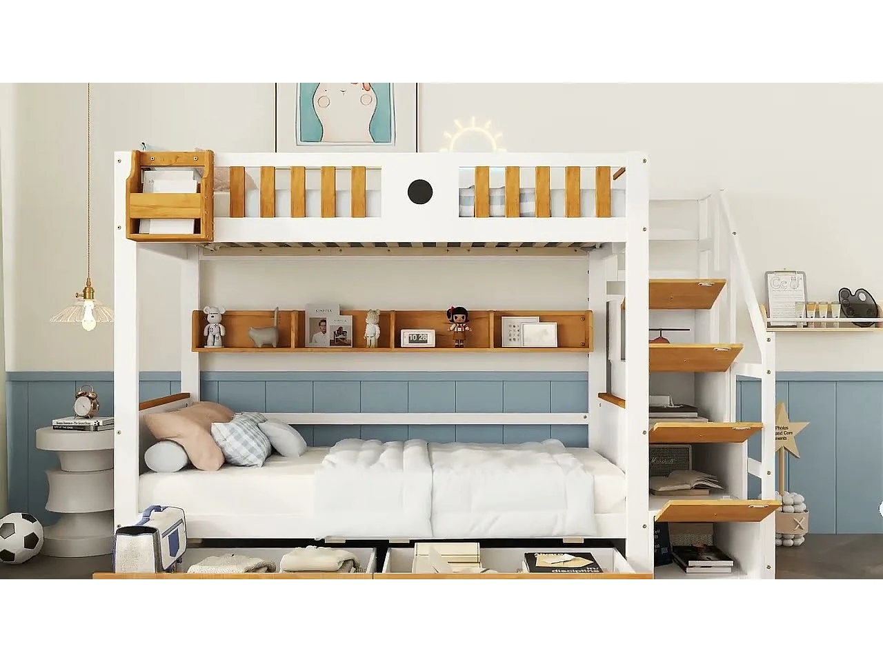 Etagenbett mit Stauraumtreppe – 90 x 200 cm – 4 Schließfächer auf der Treppe und 2 Schubladen unter dem Bett – mit Lattenrost – Weiß