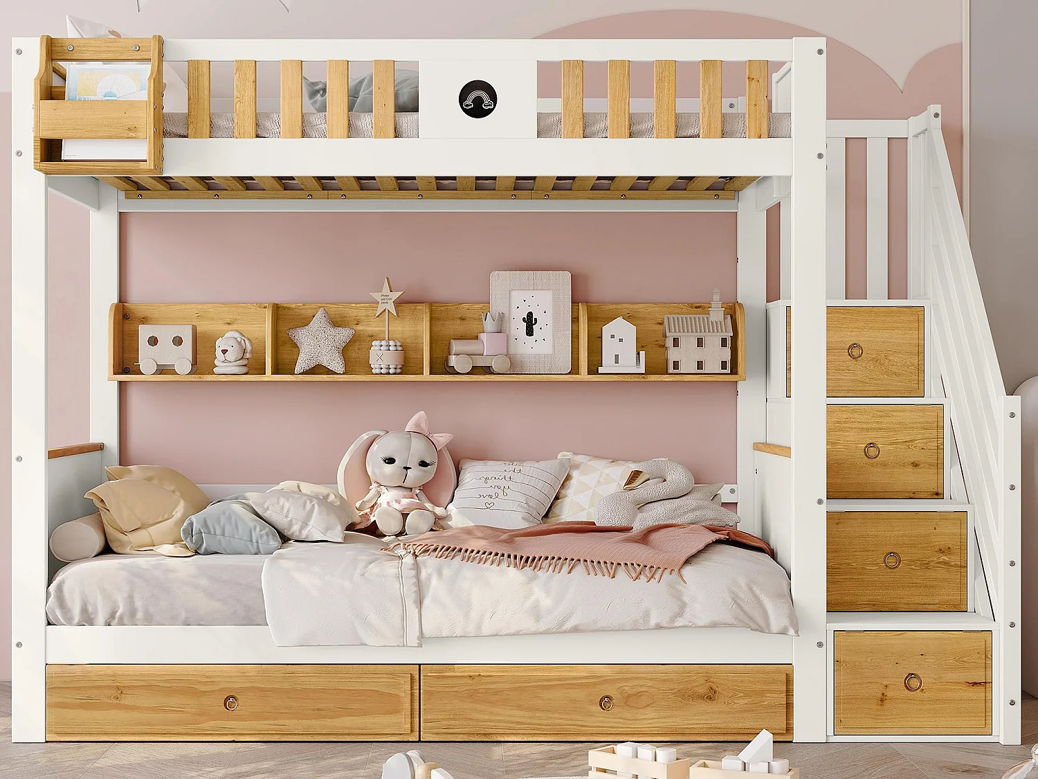 Etagenbett mit Stauraumtreppe – 90 x 200 cm – 4 Schließfächer auf der Treppe und 2 Schubladen unter dem Bett – mit Lattenrost – Weiß