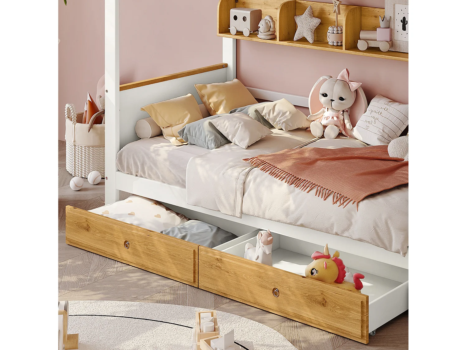 Etagenbett mit Stauraumtreppe – 90 x 200 cm – 4 Schließfächer auf der Treppe und 2 Schubladen unter dem Bett – mit Lattenrost – Weiß