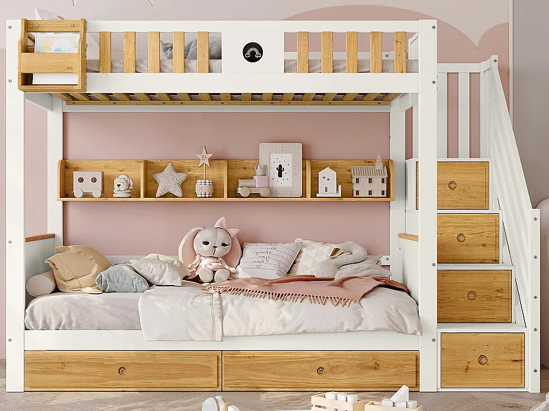 Lit superposé avec escalier de rangement - 90x200cm - 4 casiers dans l'escalier et 2 tiroirs sous le lit - avec sommier à lattes - Blanc