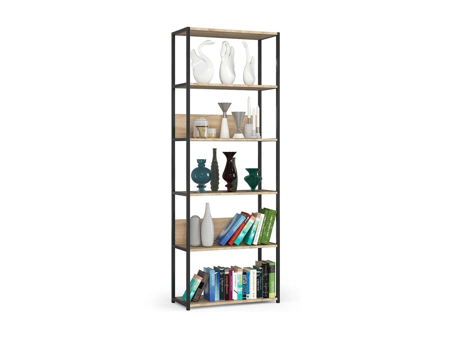 Loft Boekenkast 70 cm Zwart-Douglas Eiken - 6 Planken