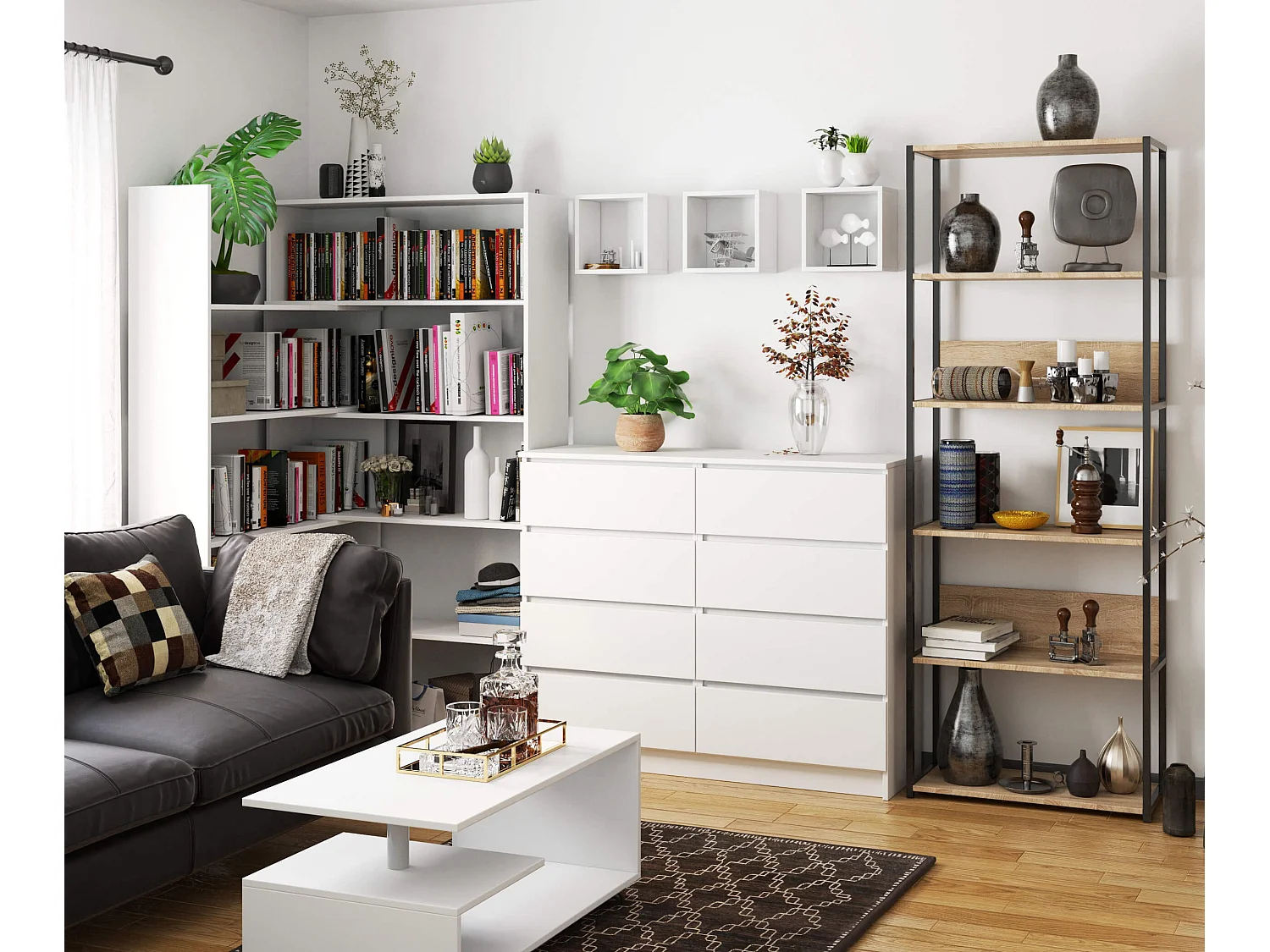 Loft Boekenkast 70 cm Zwart-Douglas Eiken - 6 Planken