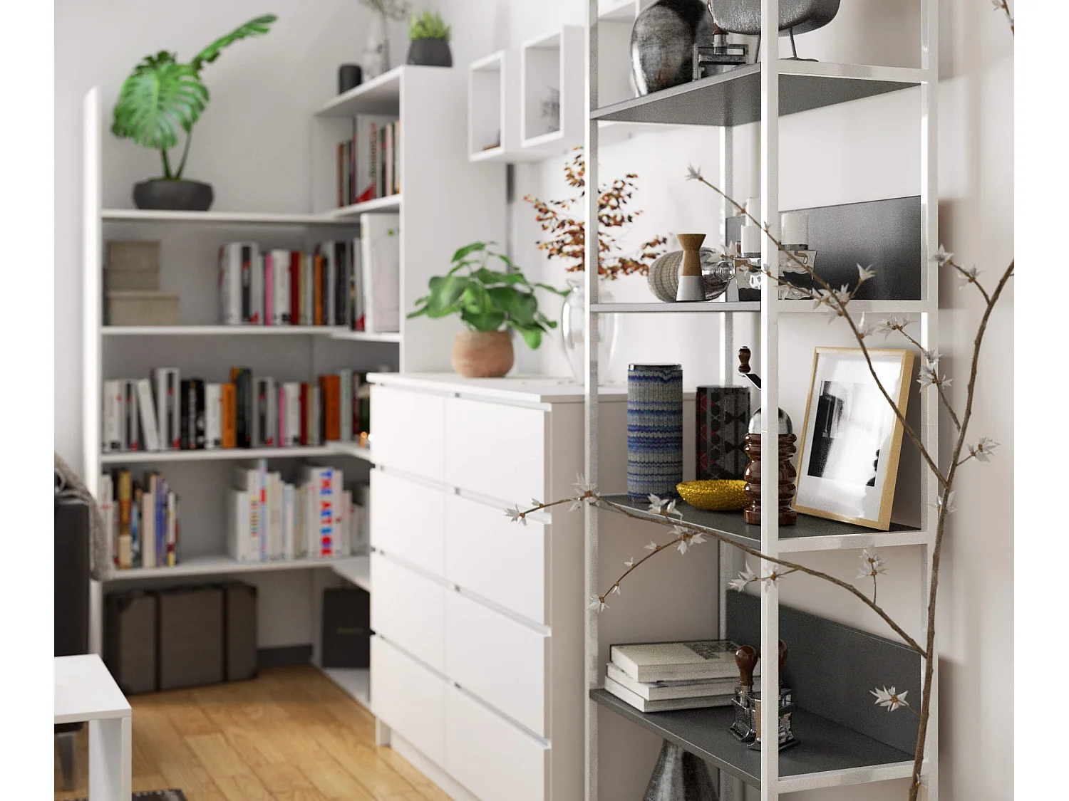 Loft Stijl Metaal Boekenkast 70 cm Wit/Grijs - Modern Design met 6 Planken, Eenvoudige Montage