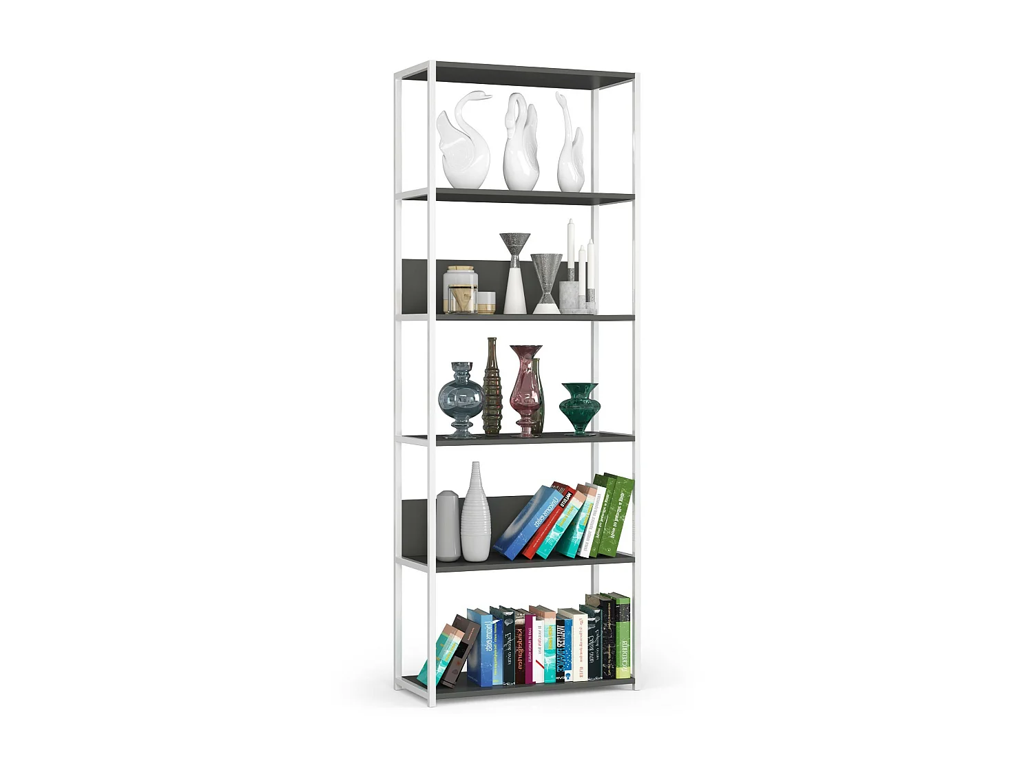 Open Boekenkast, Ladderkast, Loft Design / Metalen Vakkenkast met 6 Planken / Opbergplank / Boekenrek Opslagrek / Wit - Grafietgrijs / 70 x 192 x 32 cm