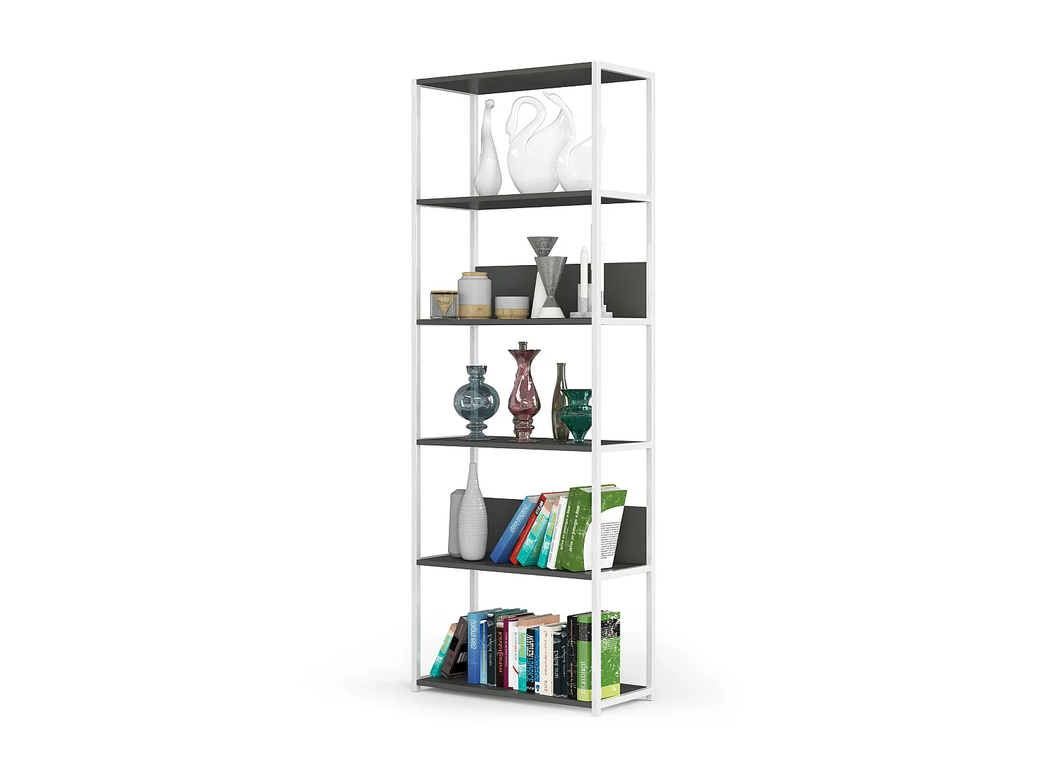 Open Boekenkast, Ladderkast, Loft Design / Metalen Vakkenkast met 6 Planken / Opbergplank / Boekenrek Opslagrek / Wit - Grafietgrijs / 70 x 192 x 32 cm