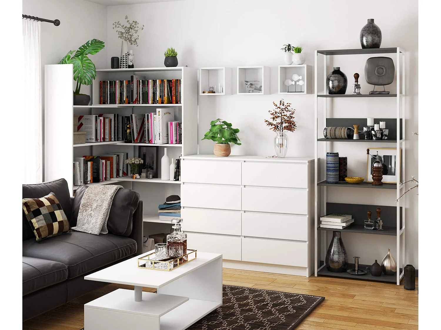 Open Boekenkast, Ladderkast, Loft Design / Metalen Vakkenkast met 6 Planken / Opbergplank / Boekenrek Opslagrek / Wit - Grafietgrijs / 70 x 192 x 32 cm