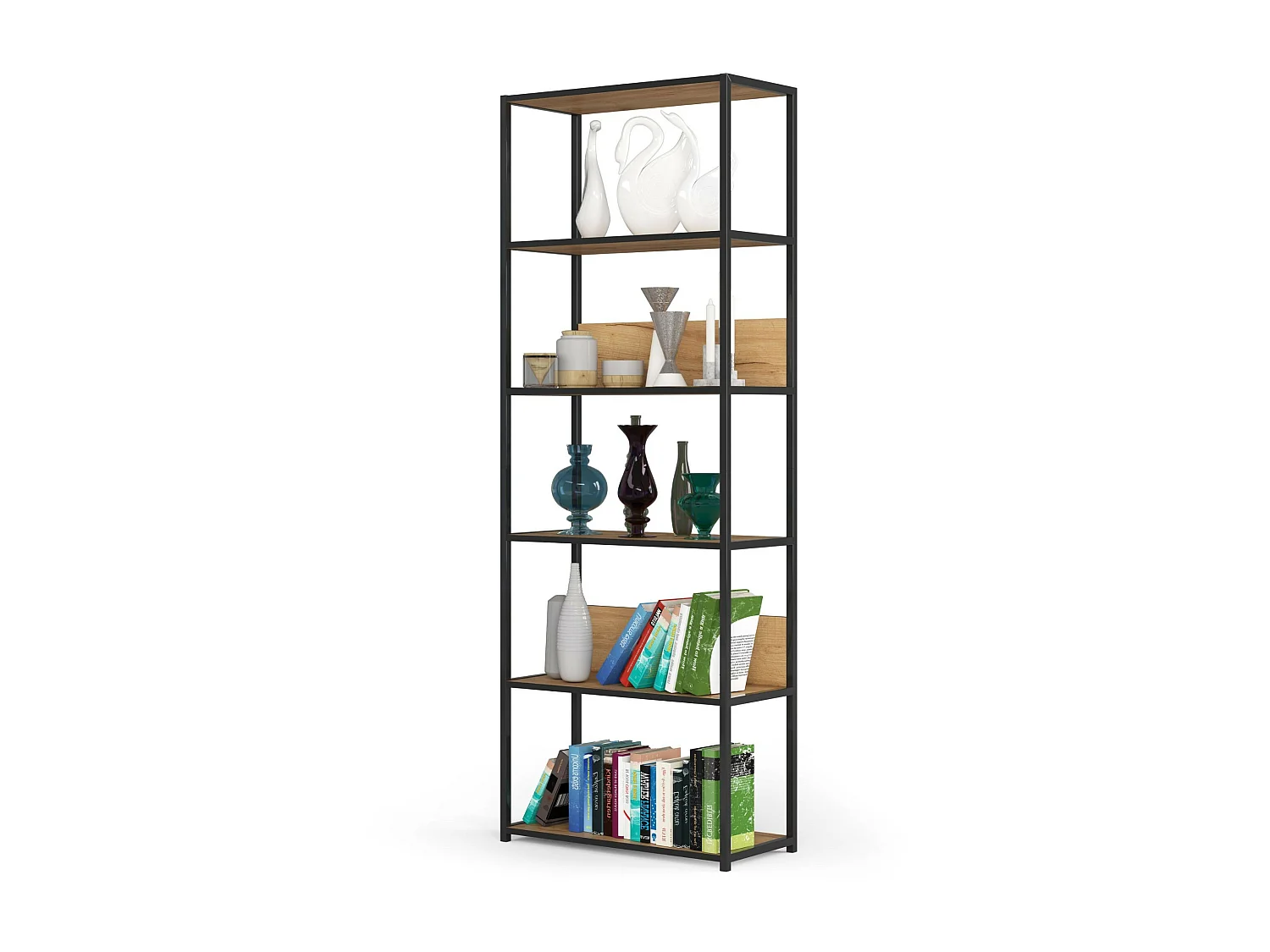 Bücherregal AKORD Metallregal mit Ebenen aus Holzwerkstoff Schwarz Breite 70 cm 6 Ebenen Eiche Craft B70 x H192 x T32 cm