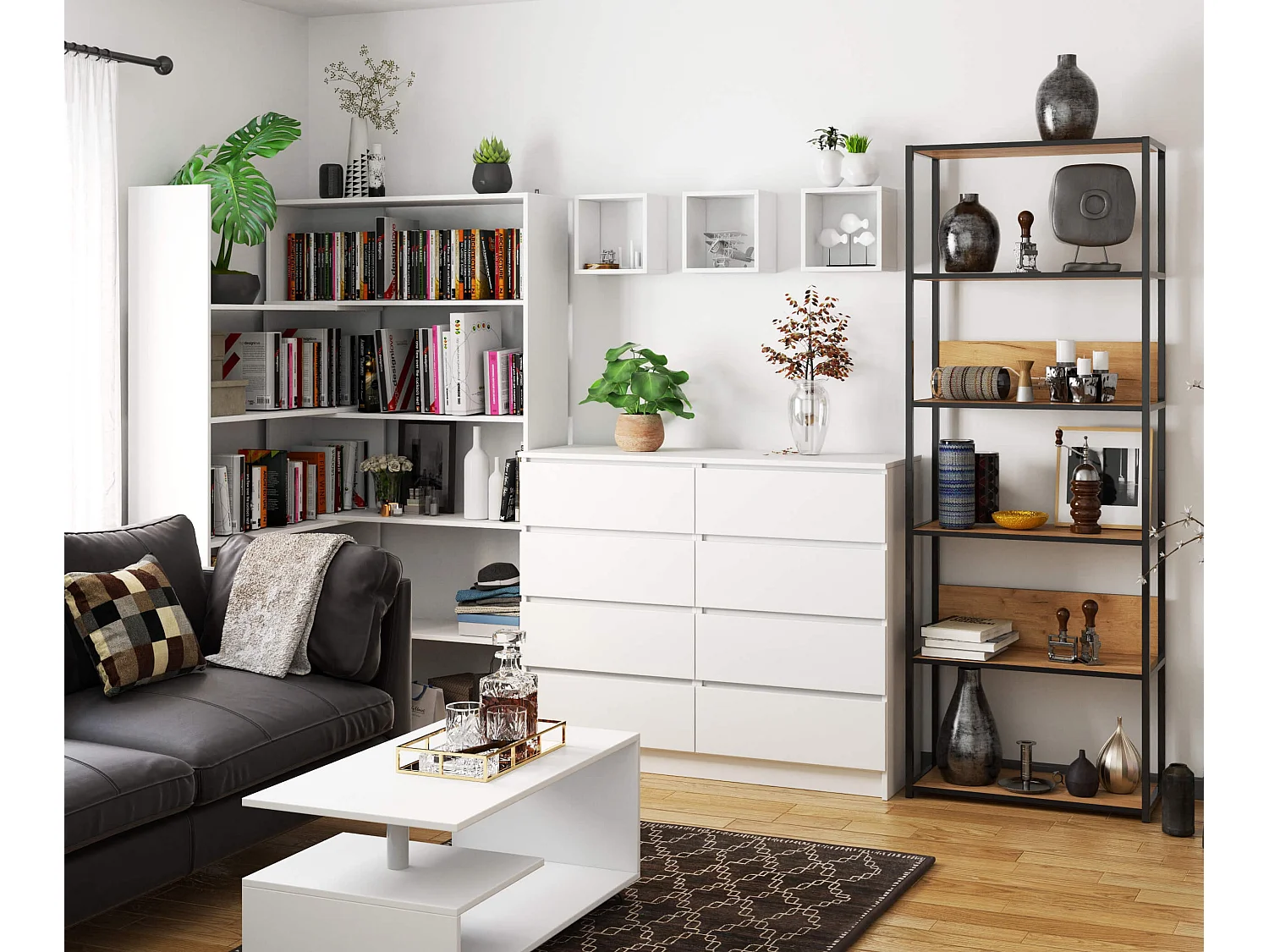 Bücherregal AKORD Metallregal mit Ebenen aus Holzwerkstoff Schwarz Breite 70 cm 6 Ebenen Eiche Craft B70 x H192 x T32 cm