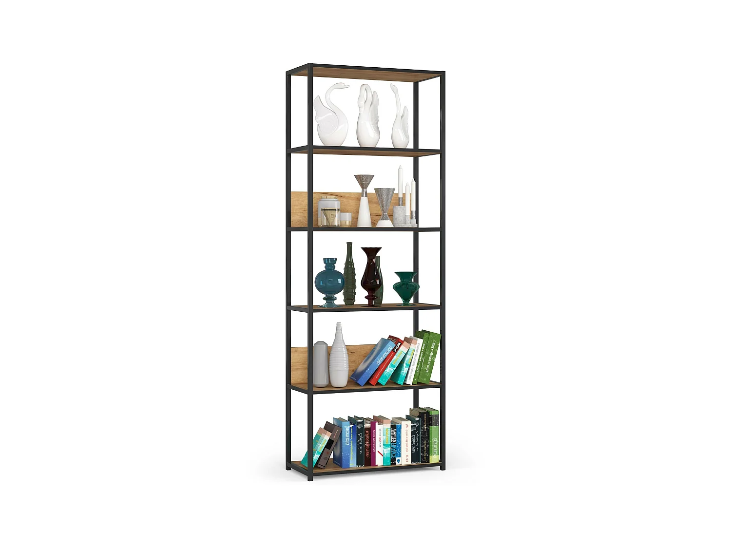 Scaffale stilo loft con ripiani in legno 70 cm Nera 70 cm inserto frontale Quercia Craft 70x32x192 cm