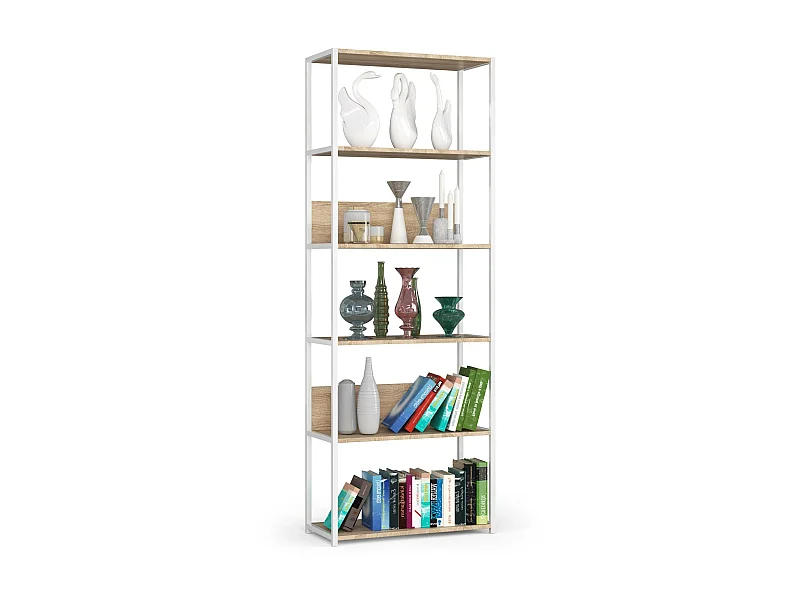 Bücherregal AKORD Metallregal mit Ebenen aus Holzwerkstoff Weiß Breite 70 cm 6 Ebenen Sonoma-Eiche B70 x H192 x T32 cm