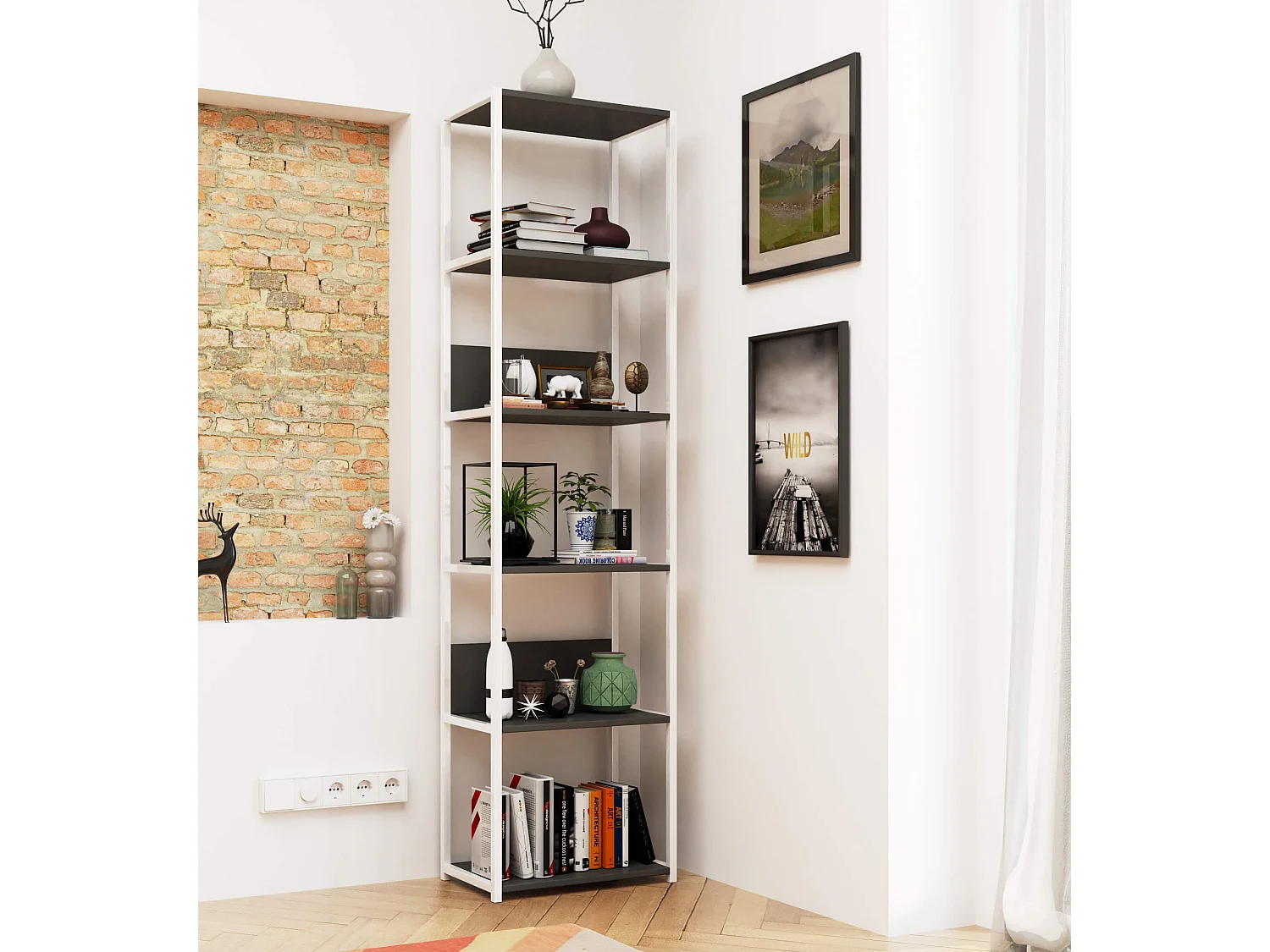Open Boekenkast, Ladderkast, Loft Design / Metalen Vakkenkast met 6 Planken / Opbergplank / Boekenrek Opslagrek / Wit - Grafietgrijs / 50 x 192 x 32 cm