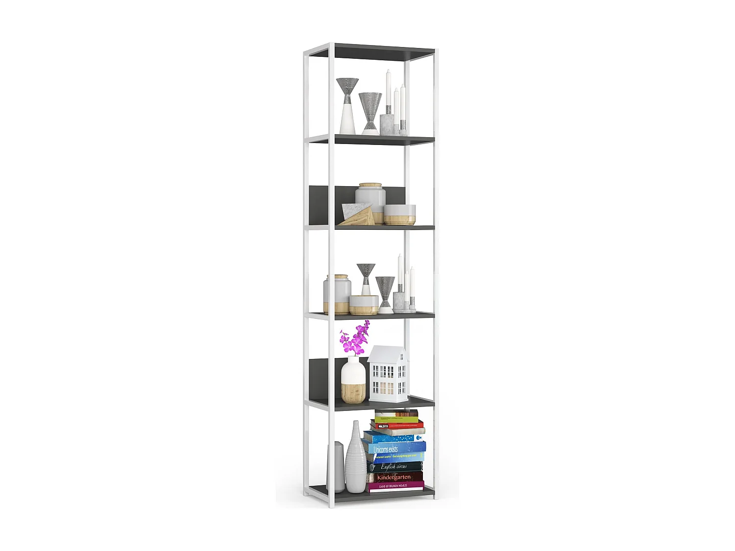 Open Boekenkast, Ladderkast, Loft Design / Metalen Vakkenkast met 6 Planken / Opbergplank / Boekenrek Opslagrek / Wit - Grafietgrijs / 50 x 192 x 32 cm
