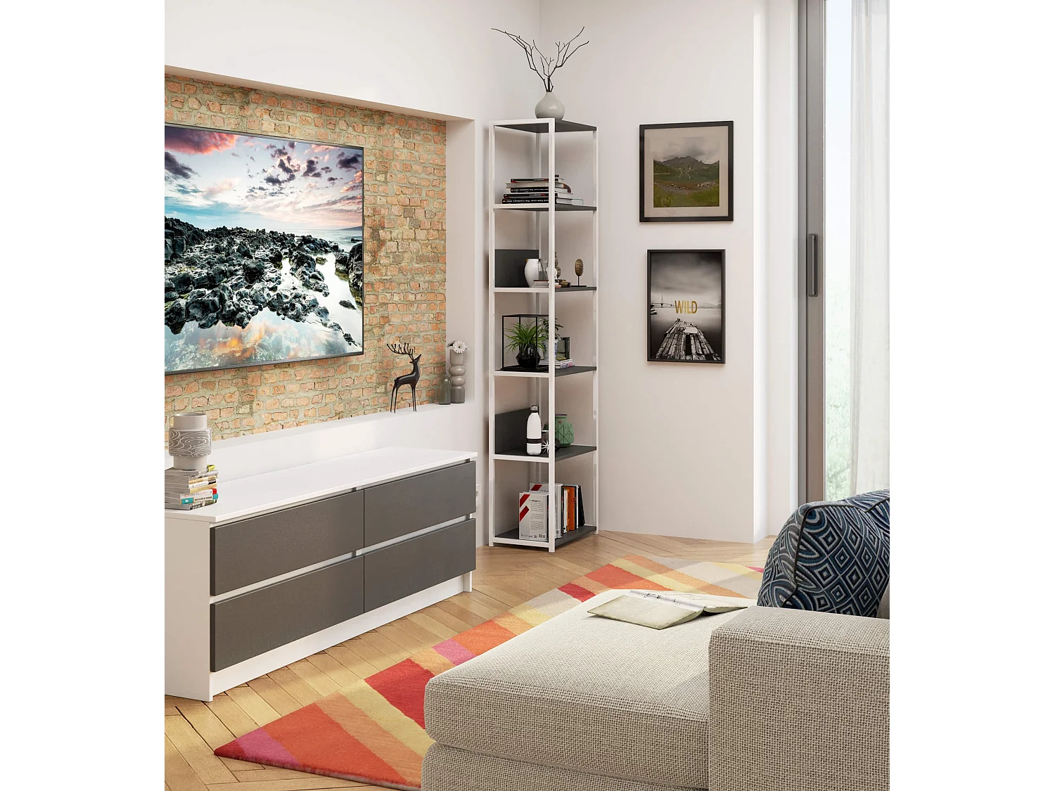 Open Boekenkast, Ladderkast, Loft Design / Metalen Vakkenkast met 6 Planken / Opbergplank / Boekenrek Opslagrek / Wit - Grafietgrijs / 50 x 192 x 32 cm