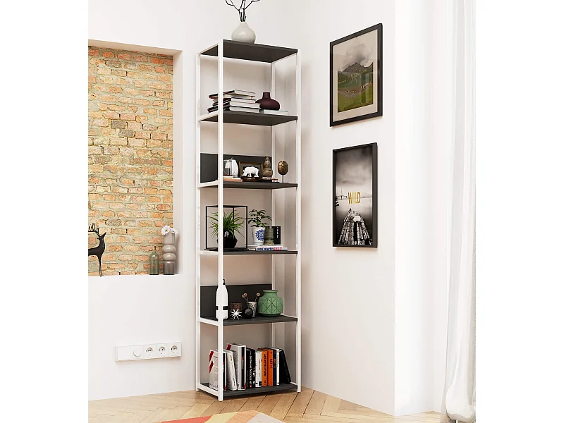 Open Boekenkast, Ladderkast, Loft Design / Metalen Vakkenkast met 6 Planken / Opbergplank / Boekenrek Opslagrek / Wit - Grafietgrijs / 50 x 192 x 32 cm