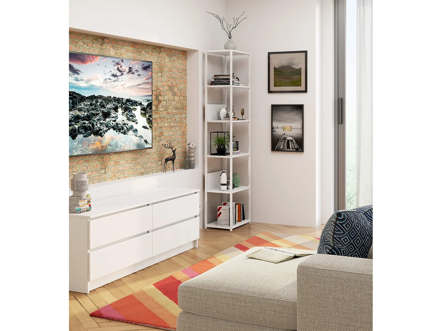 Open Boekenkast, Ladderkast, Loft Design / Metalen Vakkenkast met 6 Planken / Opbergplank / Boekenrek Opslagrek / Wit / 50 x 192 x 32 cm