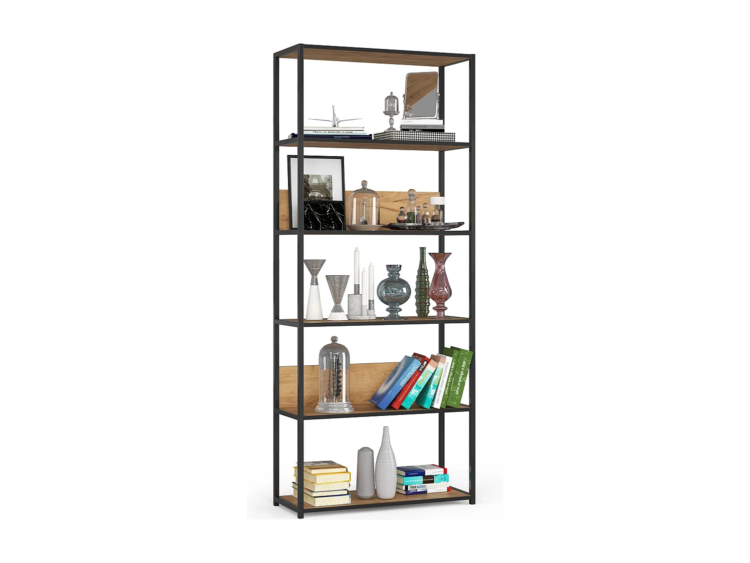 Open Boekenkast, Ladderkast, Loft Design / Metalen Vakkenkast met 6 Planken / Opbergplank / Boekenrek Opslagrek / Zwart - Craft Eik / 80 x 192 x 32 cm