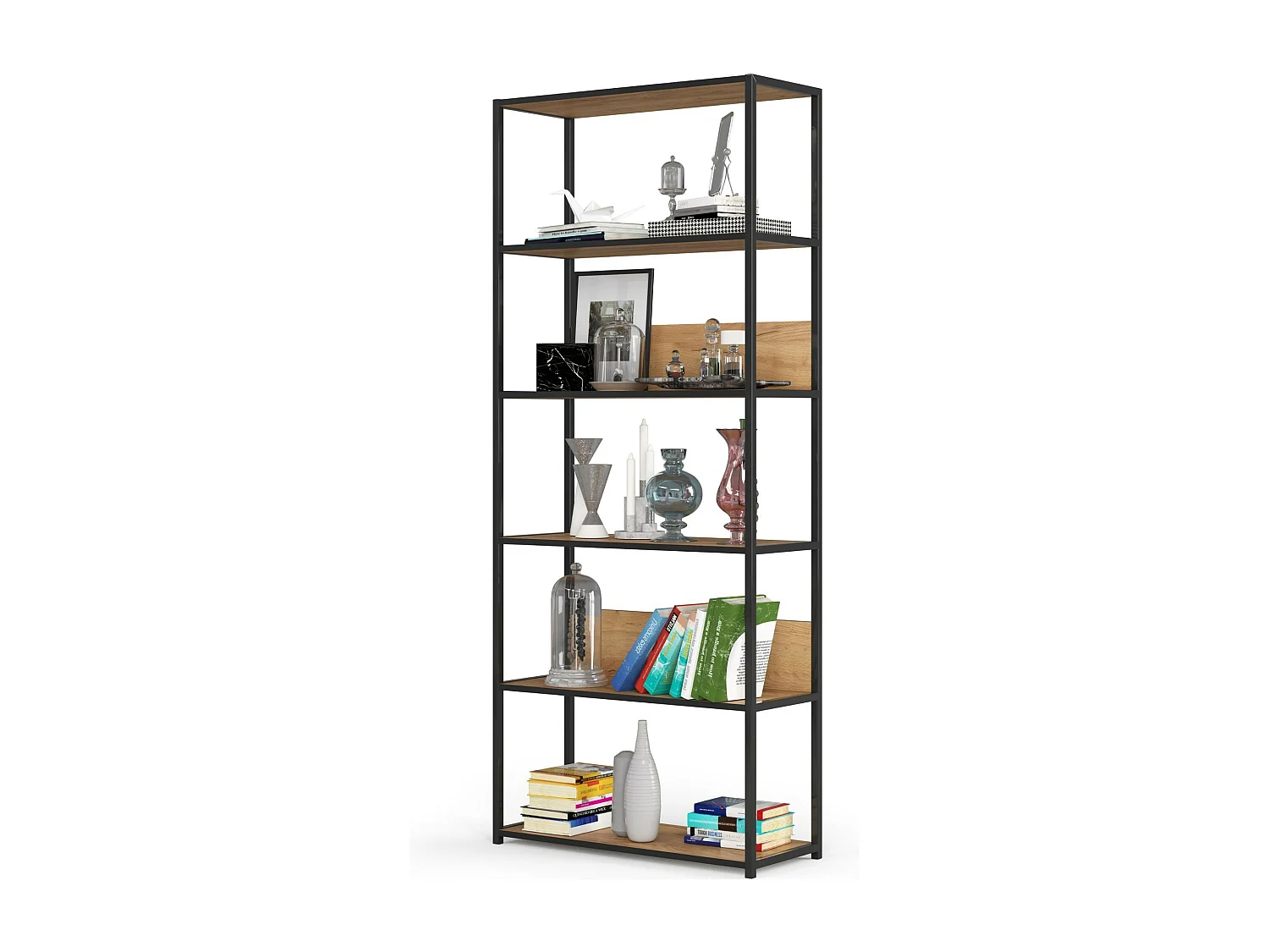 Open Boekenkast, Ladderkast, Loft Design / Metalen Vakkenkast met 6 Planken / Opbergplank / Boekenrek Opslagrek / Zwart - Craft Eik / 80 x 192 x 32 cm