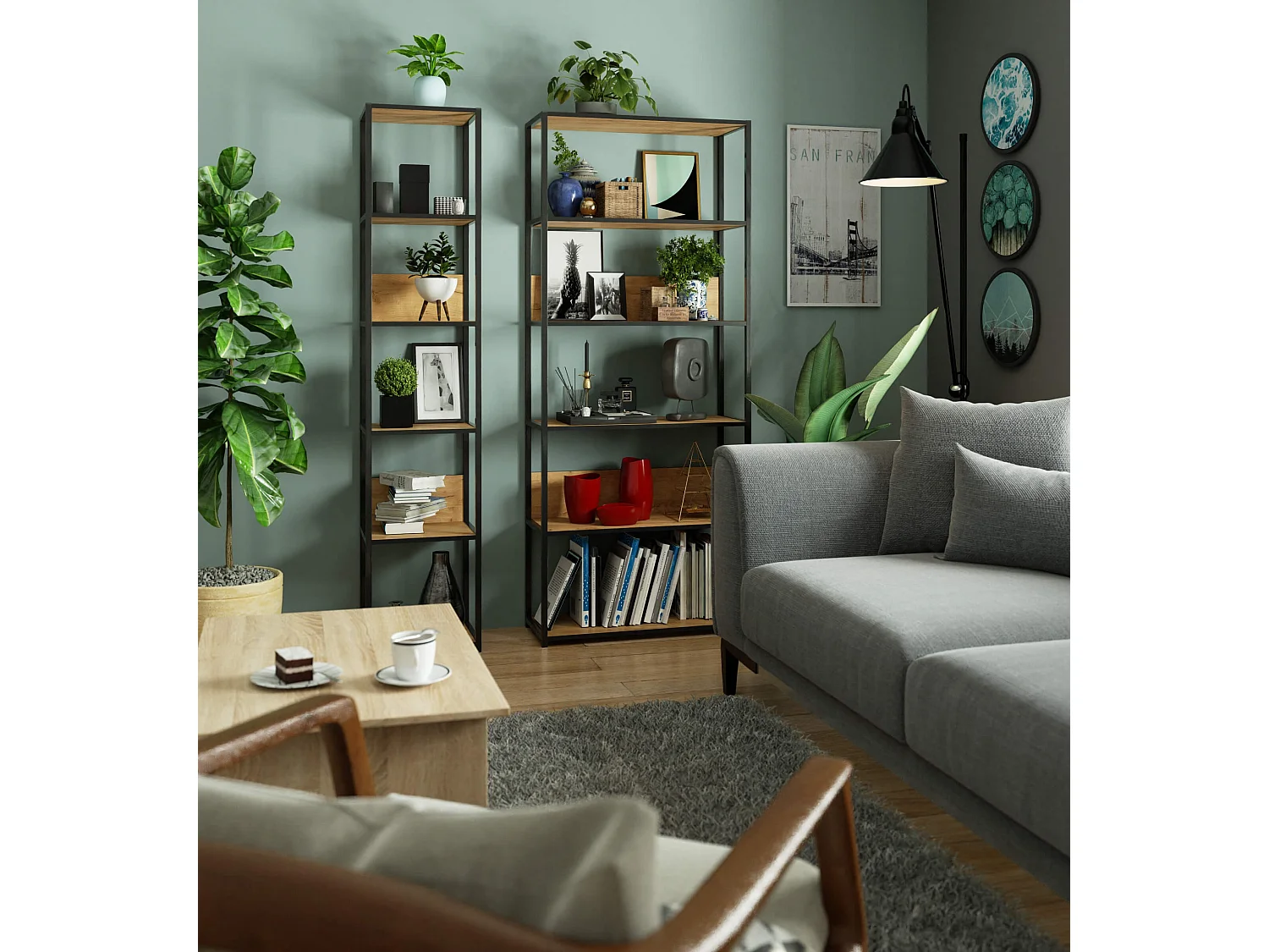 Open Boekenkast, Ladderkast, Loft Design / Metalen Vakkenkast met 6 Planken / Opbergplank / Boekenrek Opslagrek / Zwart - Craft Eik / 80 x 192 x 32 cm
