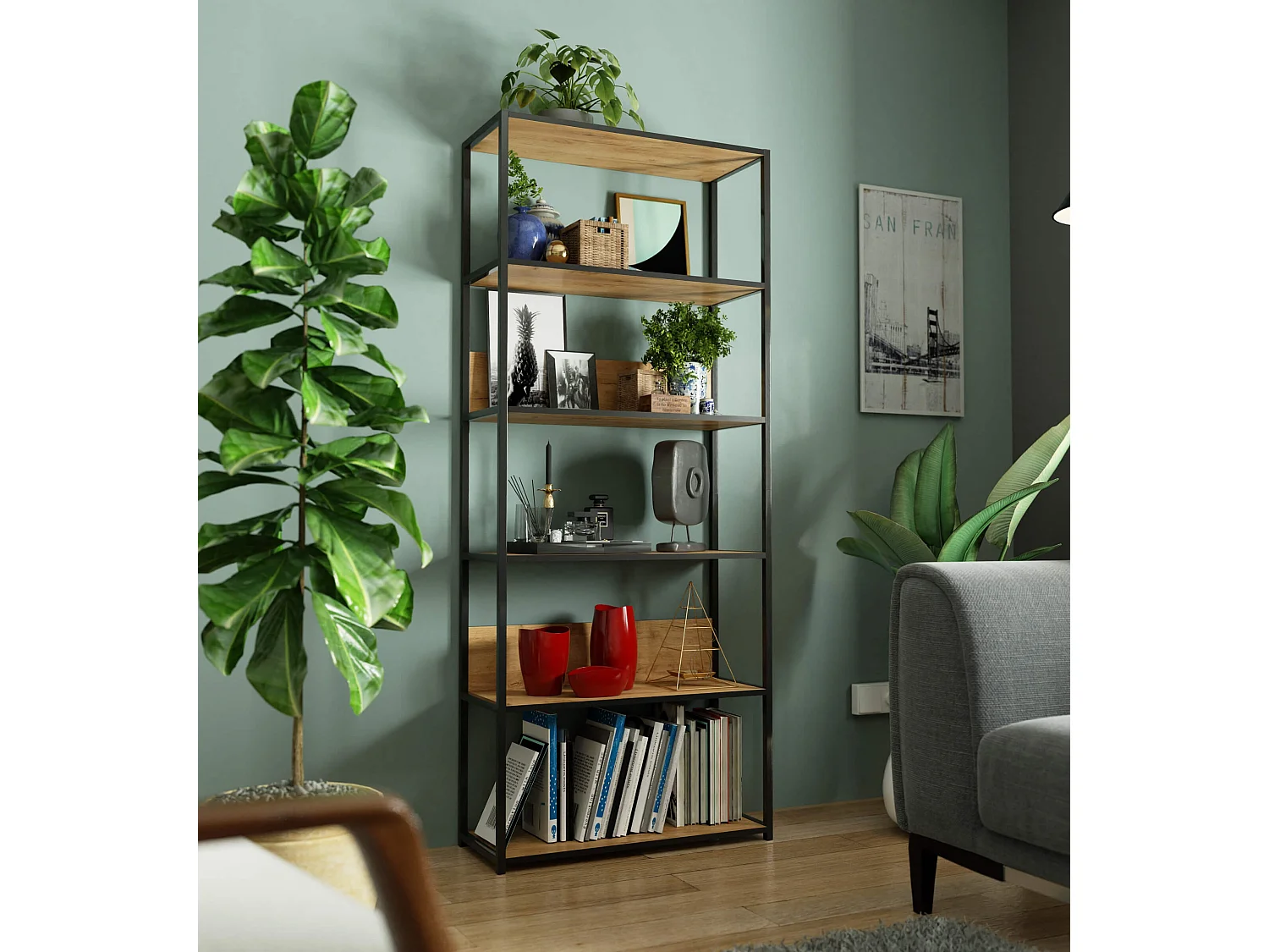 Open Boekenkast, Ladderkast, Loft Design / Metalen Vakkenkast met 6 Planken / Opbergplank / Boekenrek Opslagrek / Zwart - Craft Eik / 80 x 192 x 32 cm