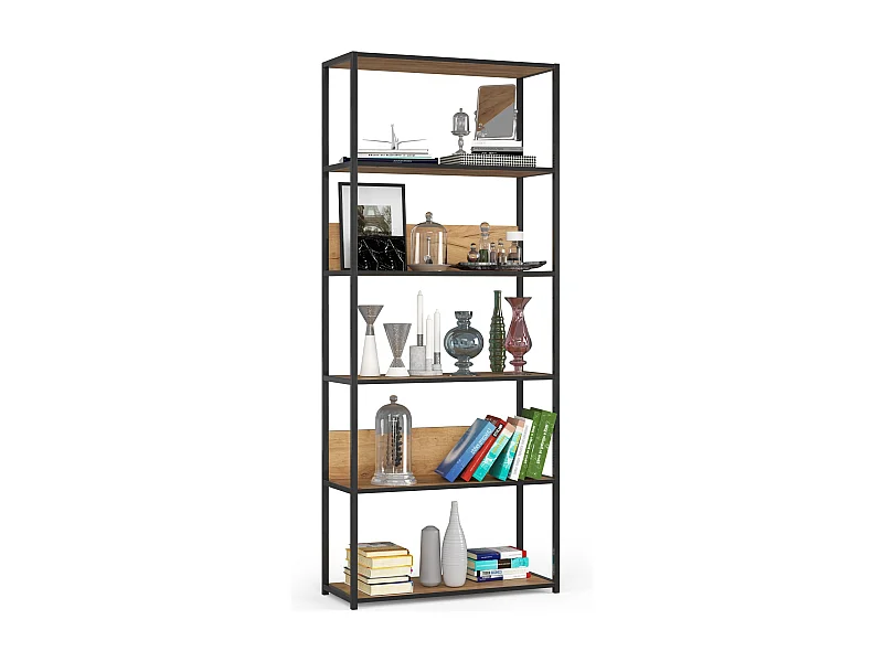Open Boekenkast, Ladderkast, Loft Design / Metalen Vakkenkast met 6 Planken / Opbergplank / Boekenrek Opslagrek / Zwart - Craft Eik / 80 x 192 x 32 cm