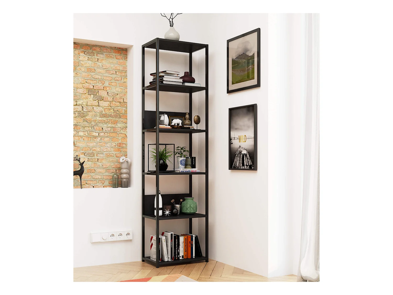 Bücherregal AKORD Metallregal mit Holzwerkstoff-Ebenen Schwarz Breite 50 cm 6 Ebenen B50 x H192 x T32 cm